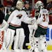 Wild goalie Darcy Kuemper, left, replaced Josh Harding during the second period of Game 5 against the Chicago Blackhawks on Thursday.