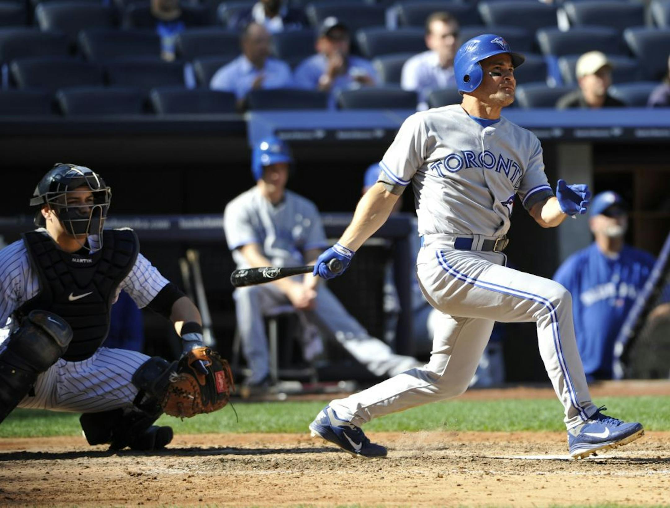 Toronto Blue Jays' Omar Vizquel hits a double to move Vizquel ahead of Babe Ruth on baseball's all-time hits list.
