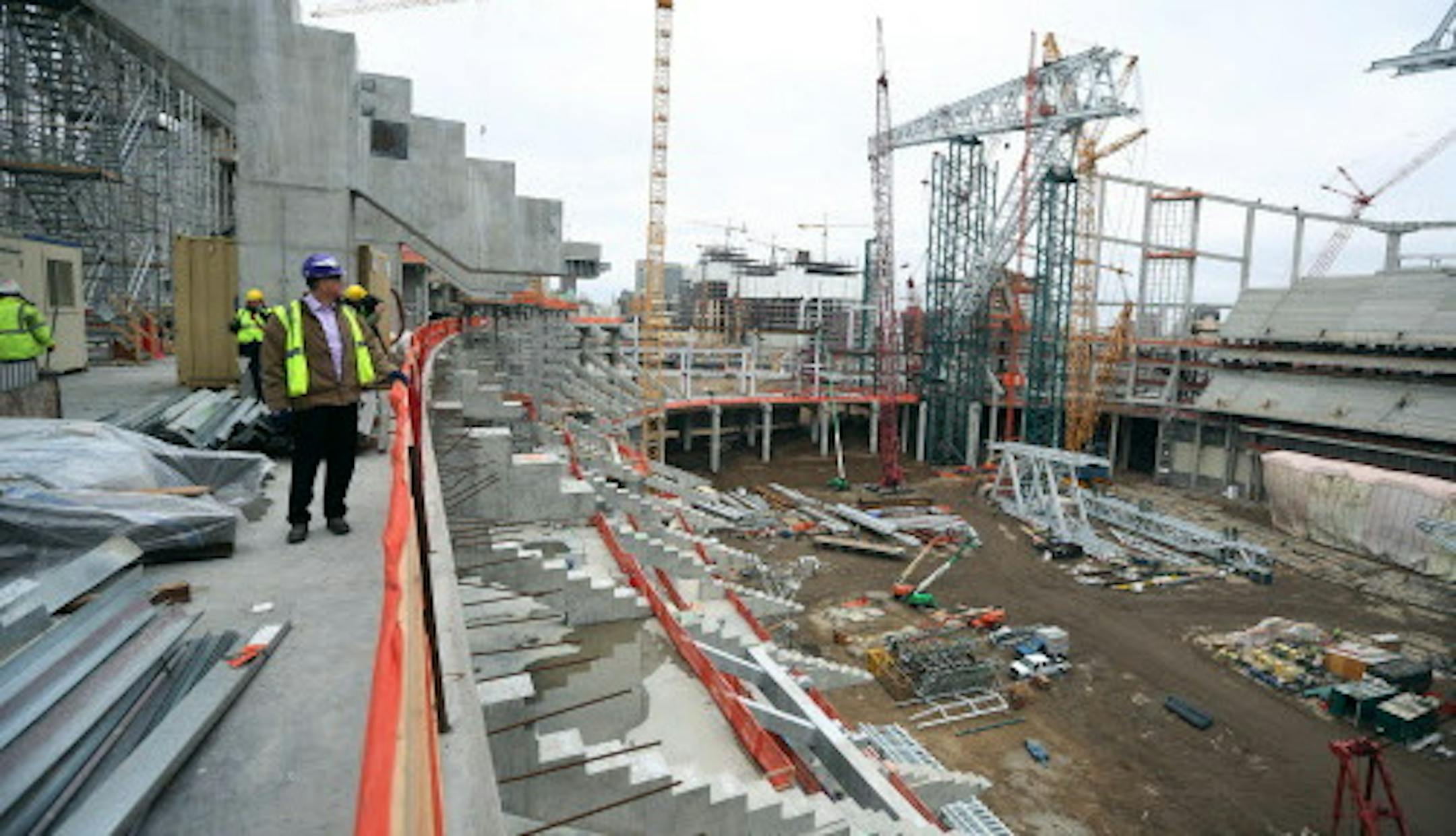 Representatives from the Minnesota Vikings, Minnesota Sports Facilities Authority and Mortenson/Thor gave a tour of the stadium Wednesday April 8, 2015 in Minneapolis, Minnesota. The stadium is 50% completed. ] Jerry Holt/ Jerry.Holt@Startribune.com