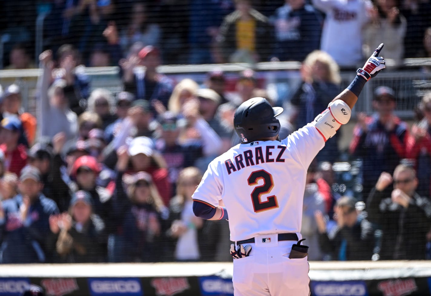 Minnesota Twins second baseman Luis Arraez (2) reacts after his solo home run during the bottom of the first inning against the Seattle Mariners Saturday, April 9, 2022 at Target Field in Minneapolis, Minn.] AARON LAVINSKY• Aaron.lavinsky@startribune.com