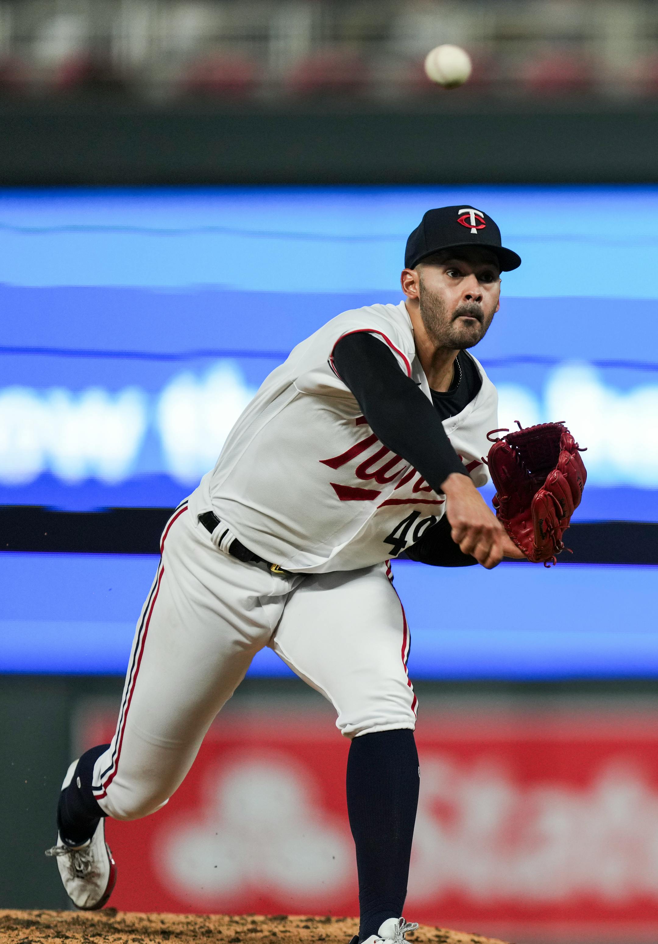 Minnesota Twins starting pitcher Pablo Lopez (49) pitches in the fourth inning. The Minnesota Twins hosted the Los Angeles Angels at Target Field on Friday, Sept. 22, 2023 in Minneapolis, Minn. ] RENEE JONES SCHNEIDER • renee.jones@startribune.com