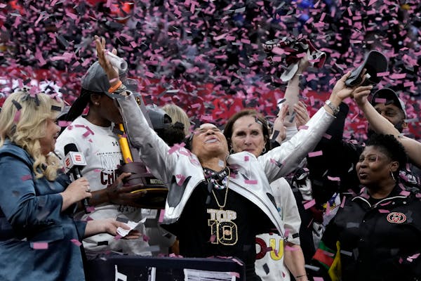 South Carolina head coach Dawn Staley celebrates after the Final Four college basketball championship game against Iowa in the women's NCAA Tournament