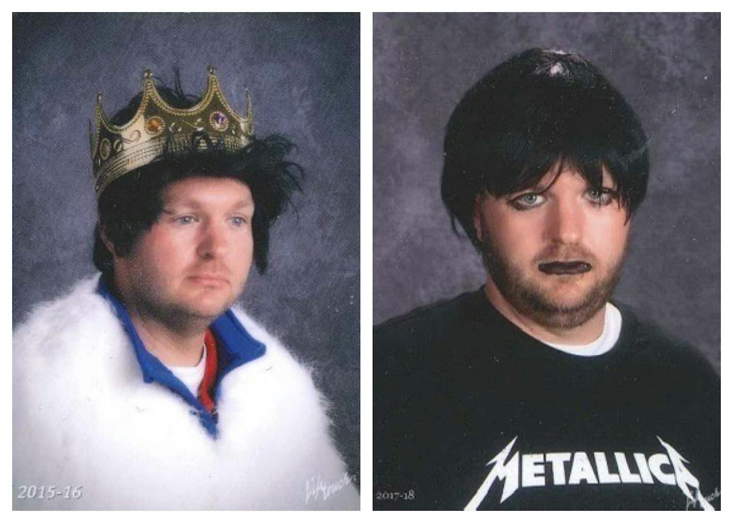 Two yearbook photos are shown. In one, a man in a fake crown and a puffy white robe looks into the distance. In another, he wears a Metallica T-shirt with eyes and lips painted black.