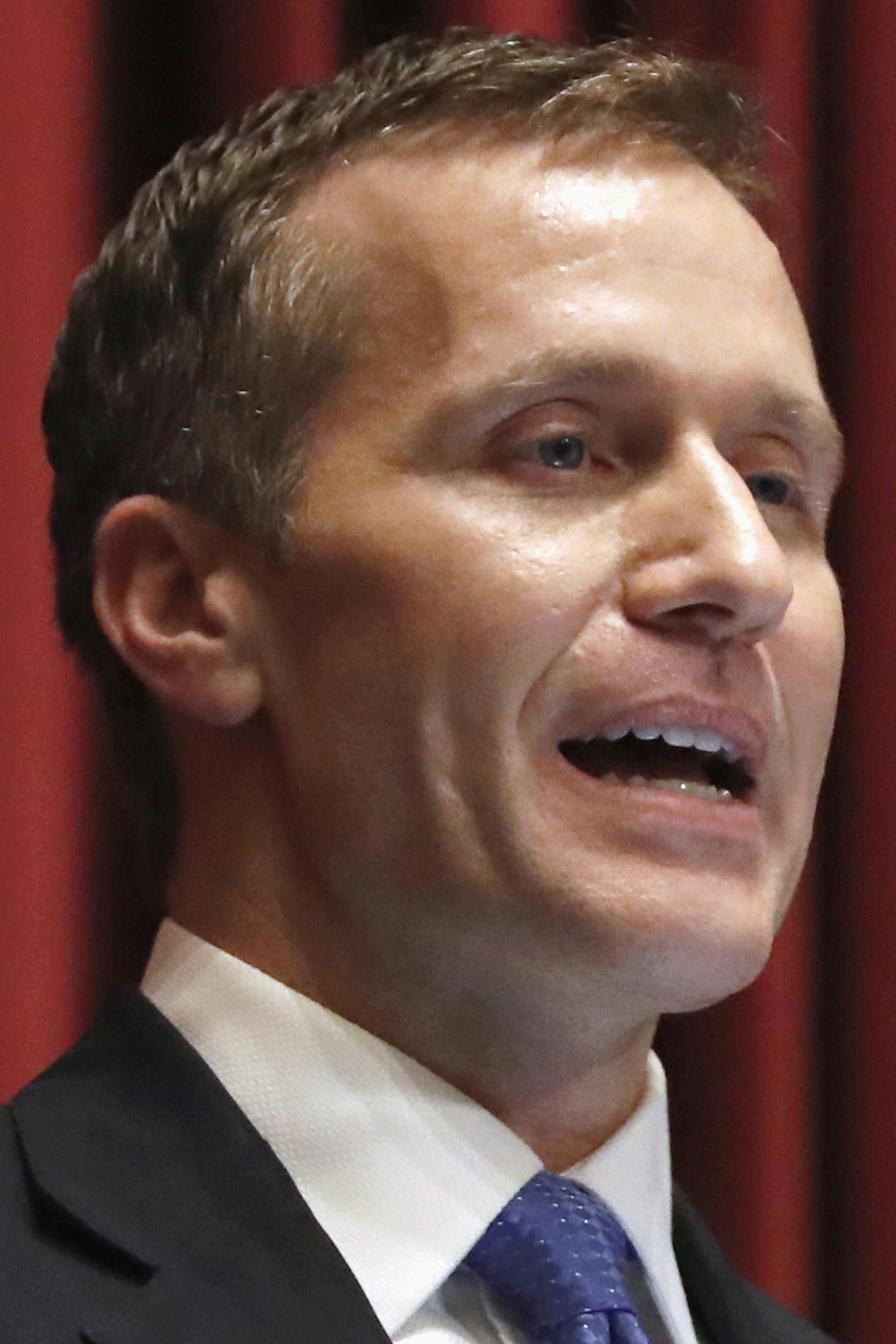FILE - In this Jan. 10, 2018, file photo, Missouri Gov. Eric Greitens delivers the annual State of the State address to a joint session of the House and Senate in Jefferson City, Mo. Greitens appears to be bracing for a fight to preserve his political life after admitting to an extramarital affair but denying anything more. Greitens met Thursday, Jan. 11, 2018, with Cabinet members and placed calls to rally support while his attorney issued firm denials to a smattering of allegations related to