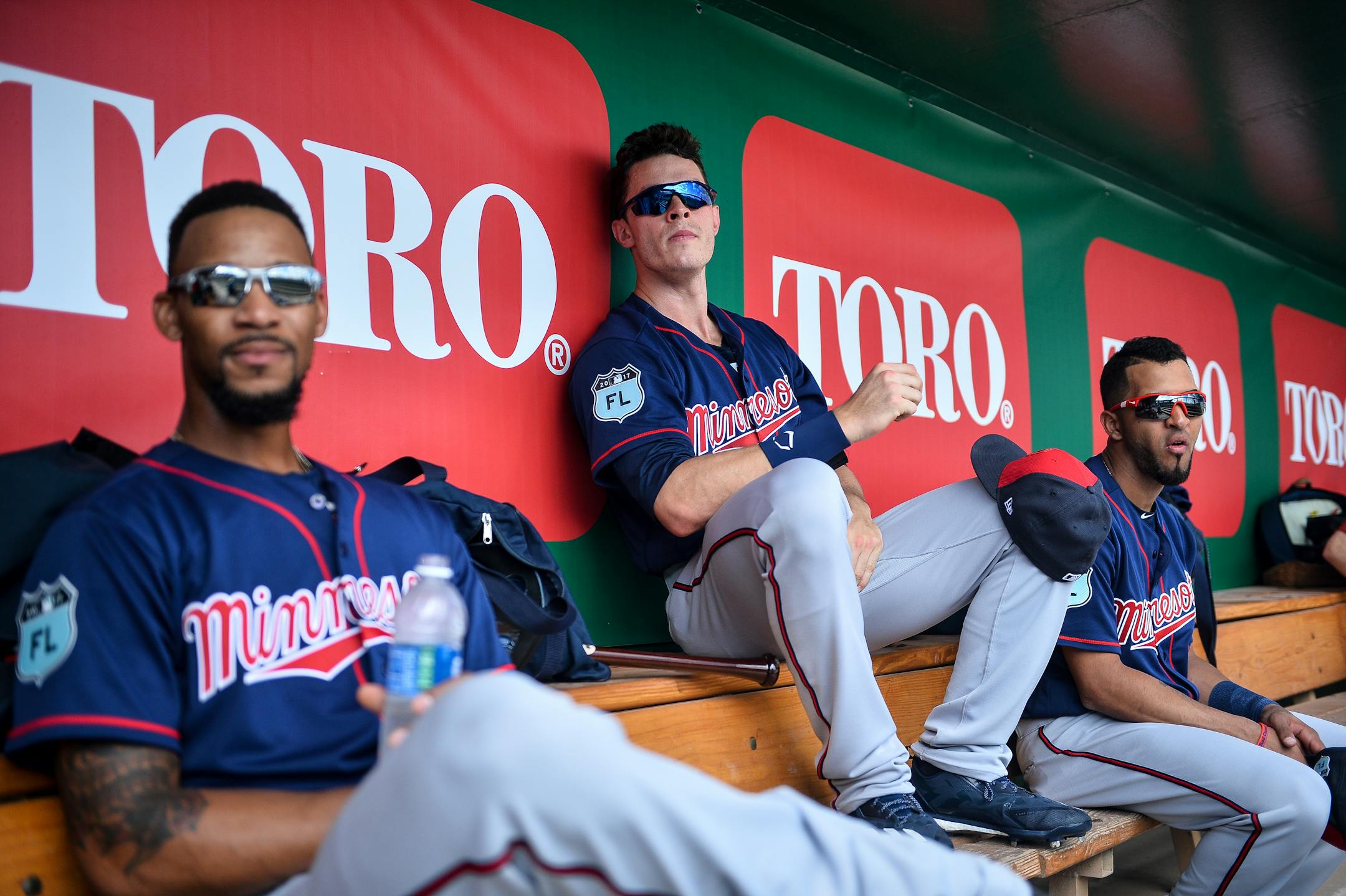 From left, starting outfielders Byron Buxton, Max Kepler and Eddie Rosario hung out in the dugout during batting practice. ] AARON LAVINSKY � aaron.lavinsky@startribune.com Minnesota Twins players took part in the first full squad workout of Spring Training on Sunday, Feb. 19, 2017 at CenturyLink Sports Complex in Fort Myers, Fla.