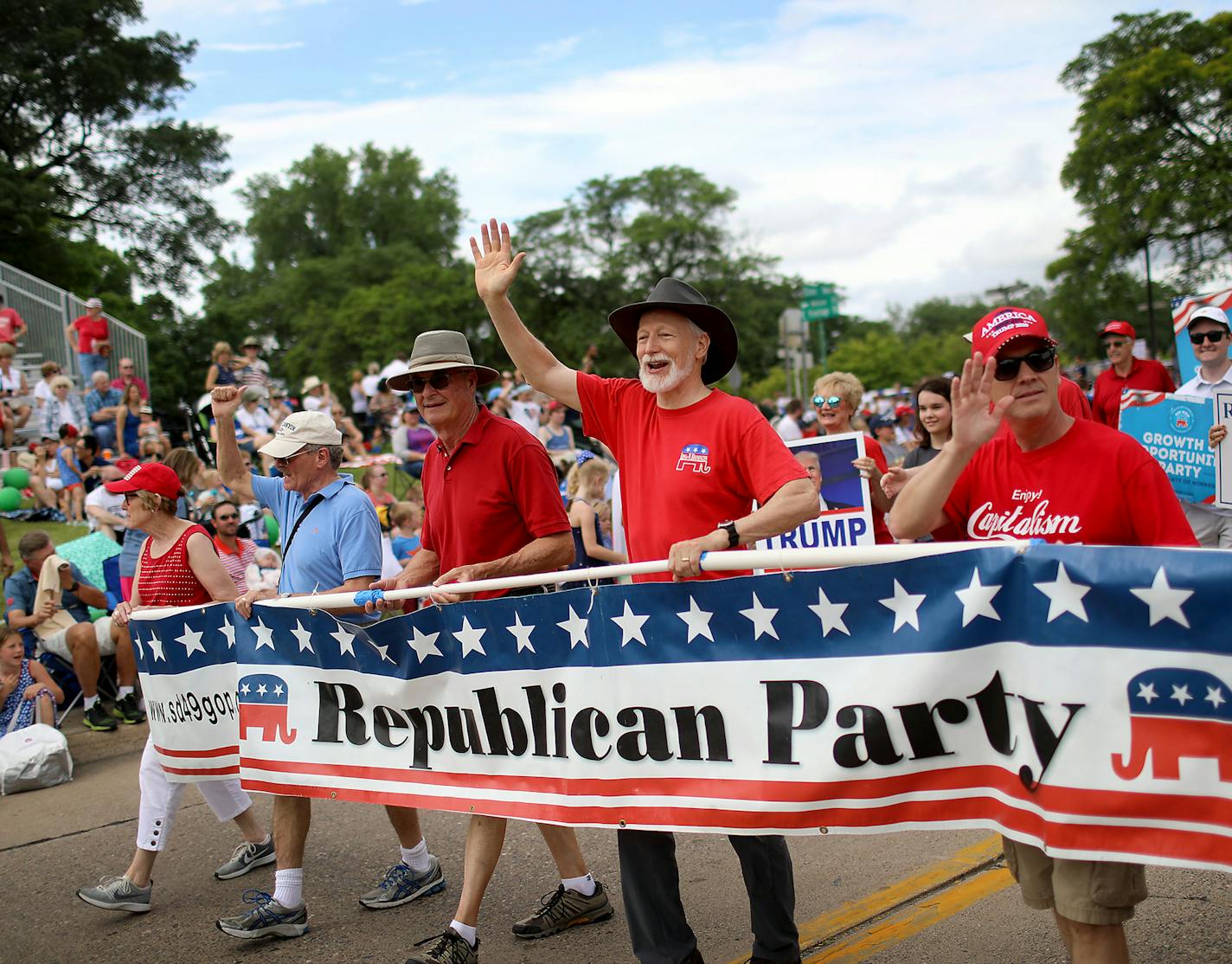 A few dozen folks from the Minnesota GOP promoting the party and President Trump's re-election participated in the Edina July 4 parade Thursday, July 4, 2019, in Edina, MN.] DAVID JOLES • david.joles@startribune.com President Trump has set his sights on winning Minnesota in 2020 following his narrow 1.5% point loss to Hillary Clinton in 2016. His party is putting their money and manpower where his mouth is. The RNC is doubling down on the state, opening field offices and staffing up, with 16 mon