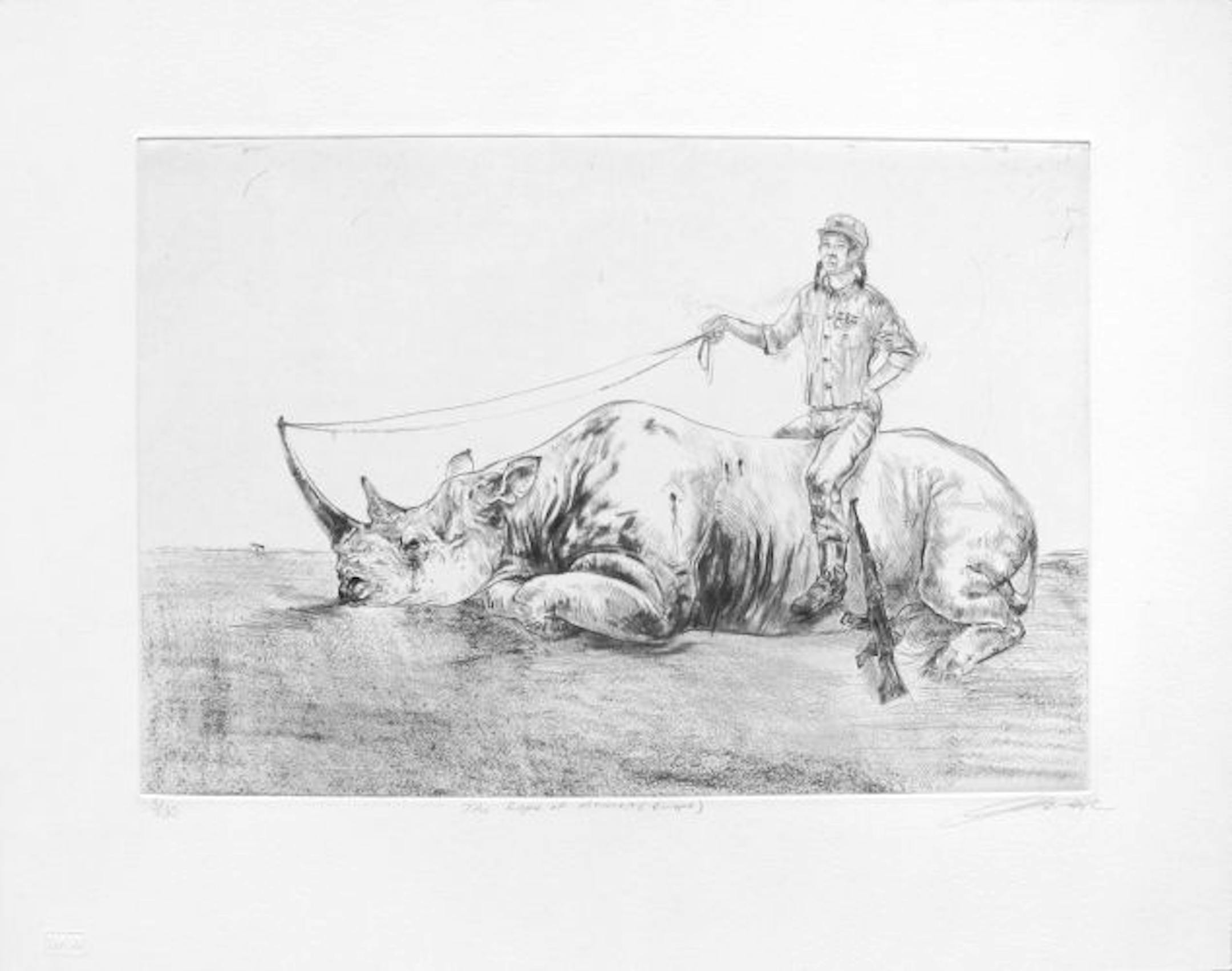 A pigtailed Chinese girl sits astride a downed rhino in Diane Victor's drypoint "The Rape of Africa (Europa)."