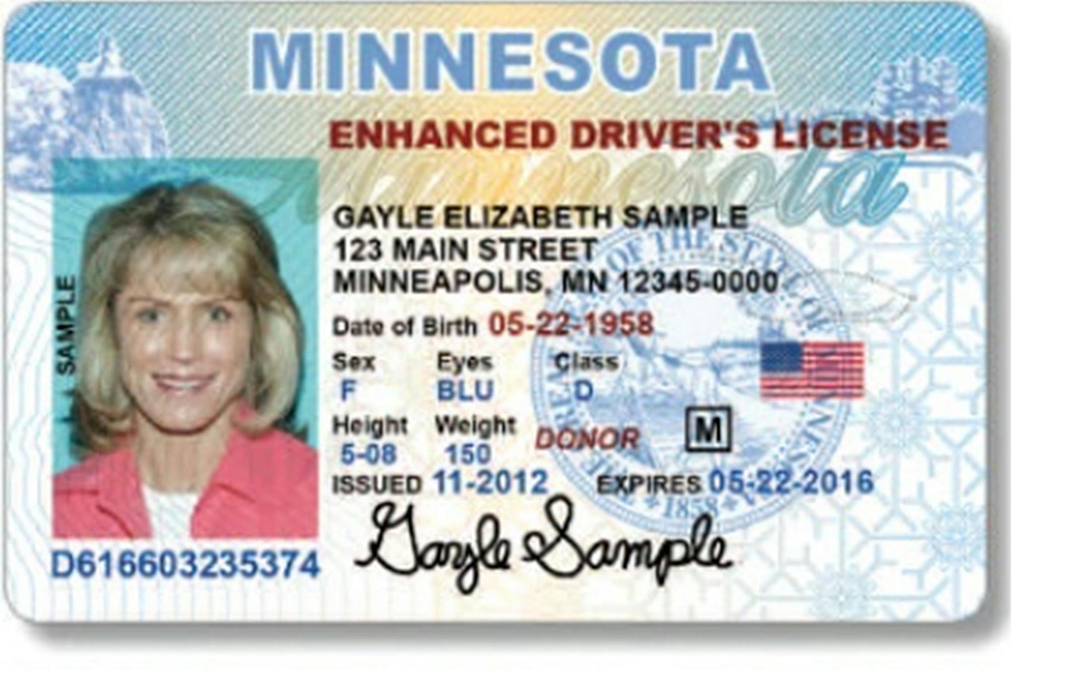 Minnesota sample identification card and drivers license. This is a sample provided by the Minnesota department of Public Safety ORG XMIT: MIN1509261615310292 ORG XMIT: MIN1605171306411468