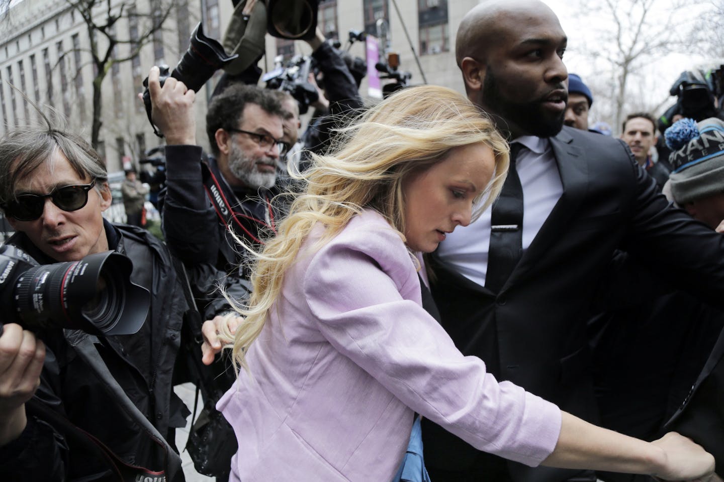 Stormy Daniels arrives at federal court in New York, Monday, April 16, 2018, to attend a court hearing where a federal judge is considering how to review materials that the FBI seized from President Donald Trump's personal lawyer to determine whether they should be protected by attorney-client privilege.