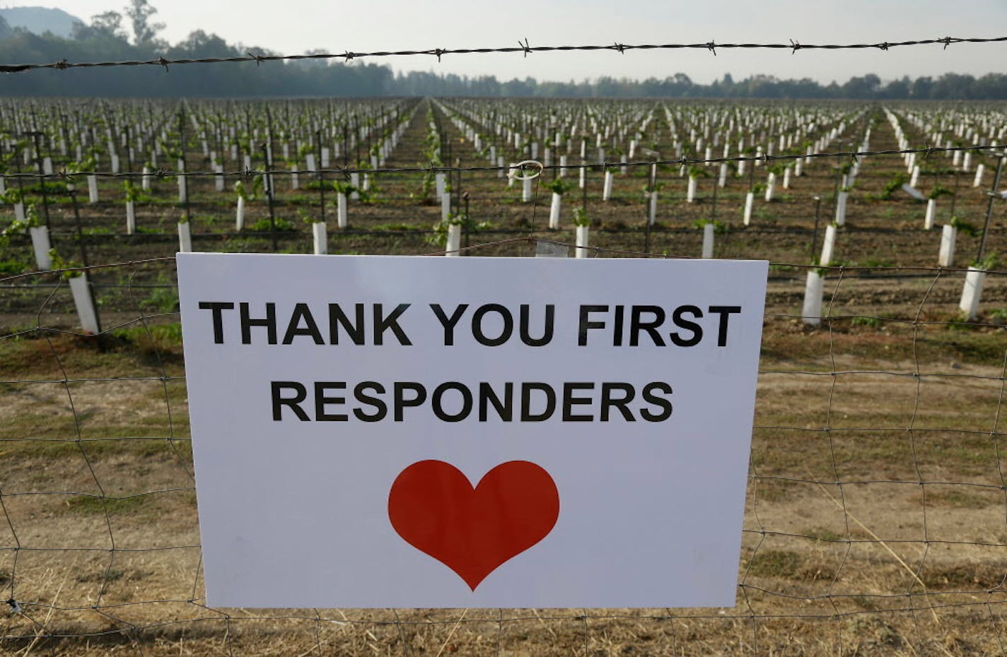 A sign thanking first responders hangs by a newly planted vineyard Monday in Napa, Calif.