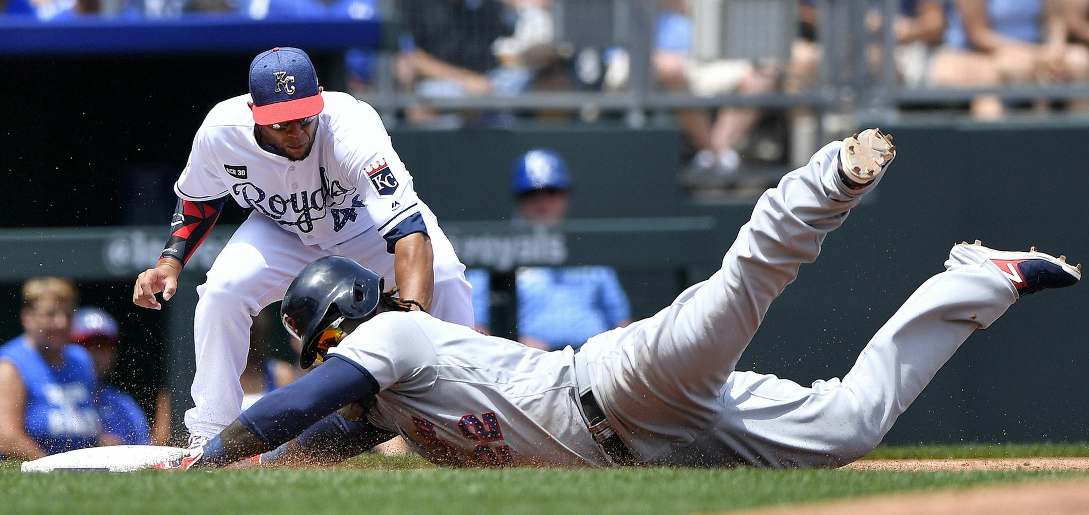 Kansas City third baseman Ramon Torres tagged out Miguel Sano trying to advance to third on a single to left in the second inning Sunday.