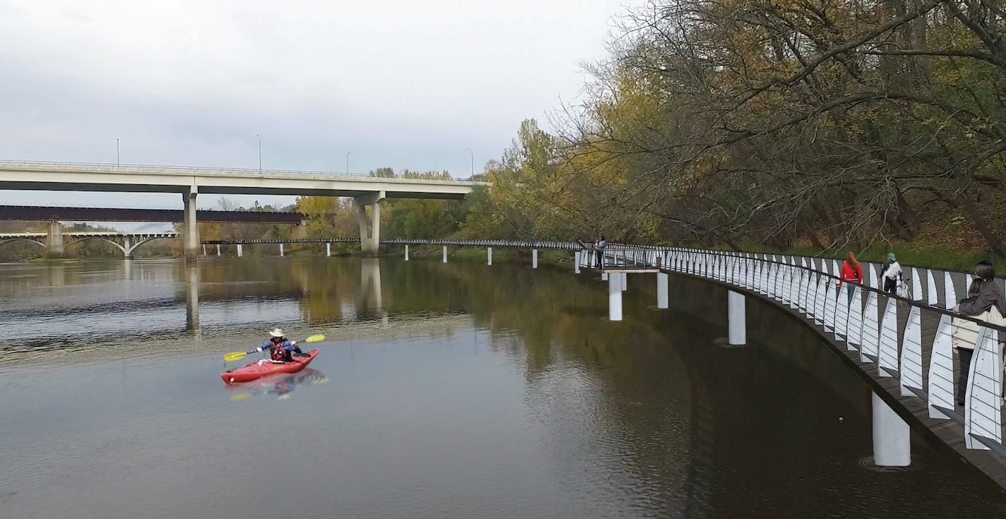 A rendering of the Three Bridges Trail, an elevated trail shows what is envisioned for the Mississippi River area in Brainerd.