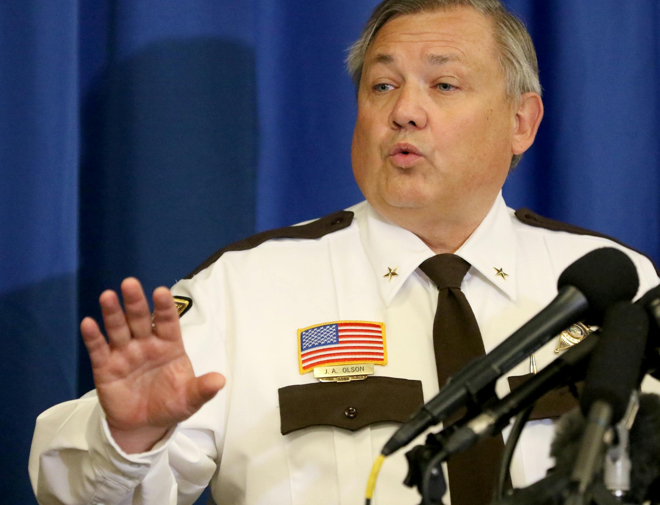 Carver County Sheriff Jim Olson halts a member of the national media during an inquiry into whether drugs were involved during a press conference on circumstances surrounding the death of music icon Prince Rogers Nelson on Thursday at the Carver County Justice Center Friday, April 22, 2016, in Chaska, MN.