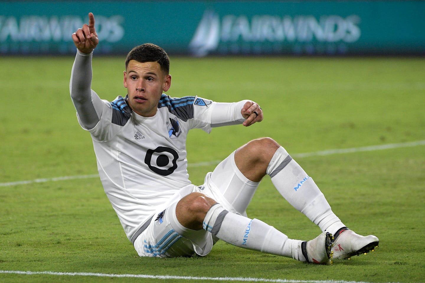 Minnesota United forward Christian Ramirez (21) looks to an official for a call after a collision during the second half of an MLS soccer match against Orlando City Saturday, March 10, 2018, in Orlando, Fla. Minnesota won 2-1.