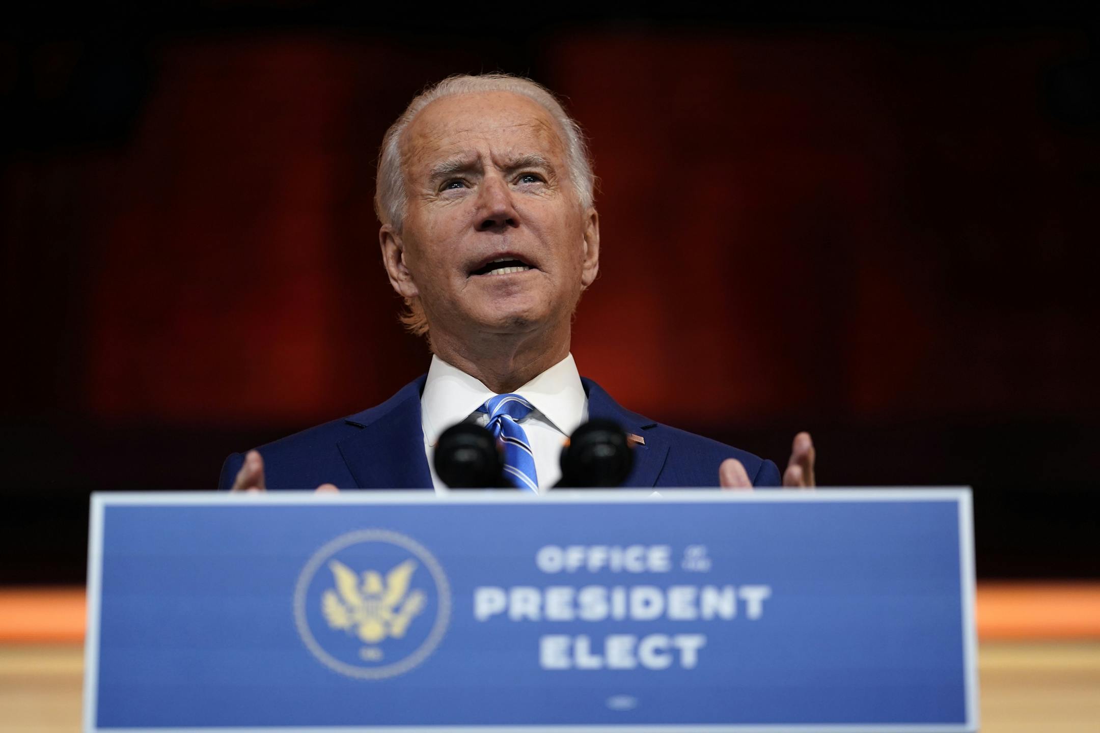 President-elect Joe Biden speaks at the Queen Theater, on Nov. 25 in Wilmington, Del.