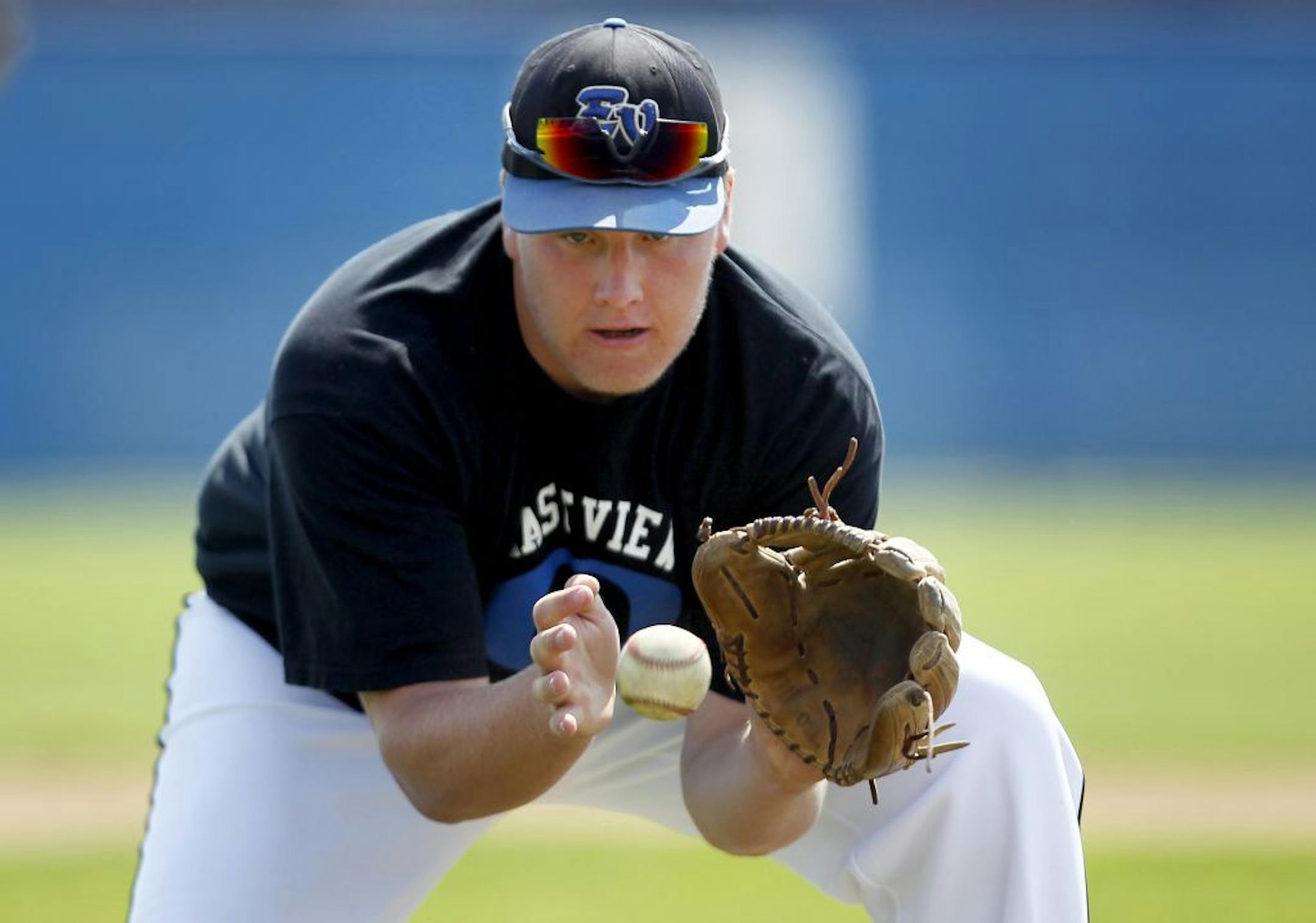 Evan DeCovich fielded a grounder during practice last week. The pitcher leads Eastview with a 6-1 record and 59 strikeouts to go along with a 0.46 ERA. He's also the team's leading hitter, batting .463 with three home runs and 28 RBI. Photo by Carlos Gonzalez • cgonzalez@startribune.com