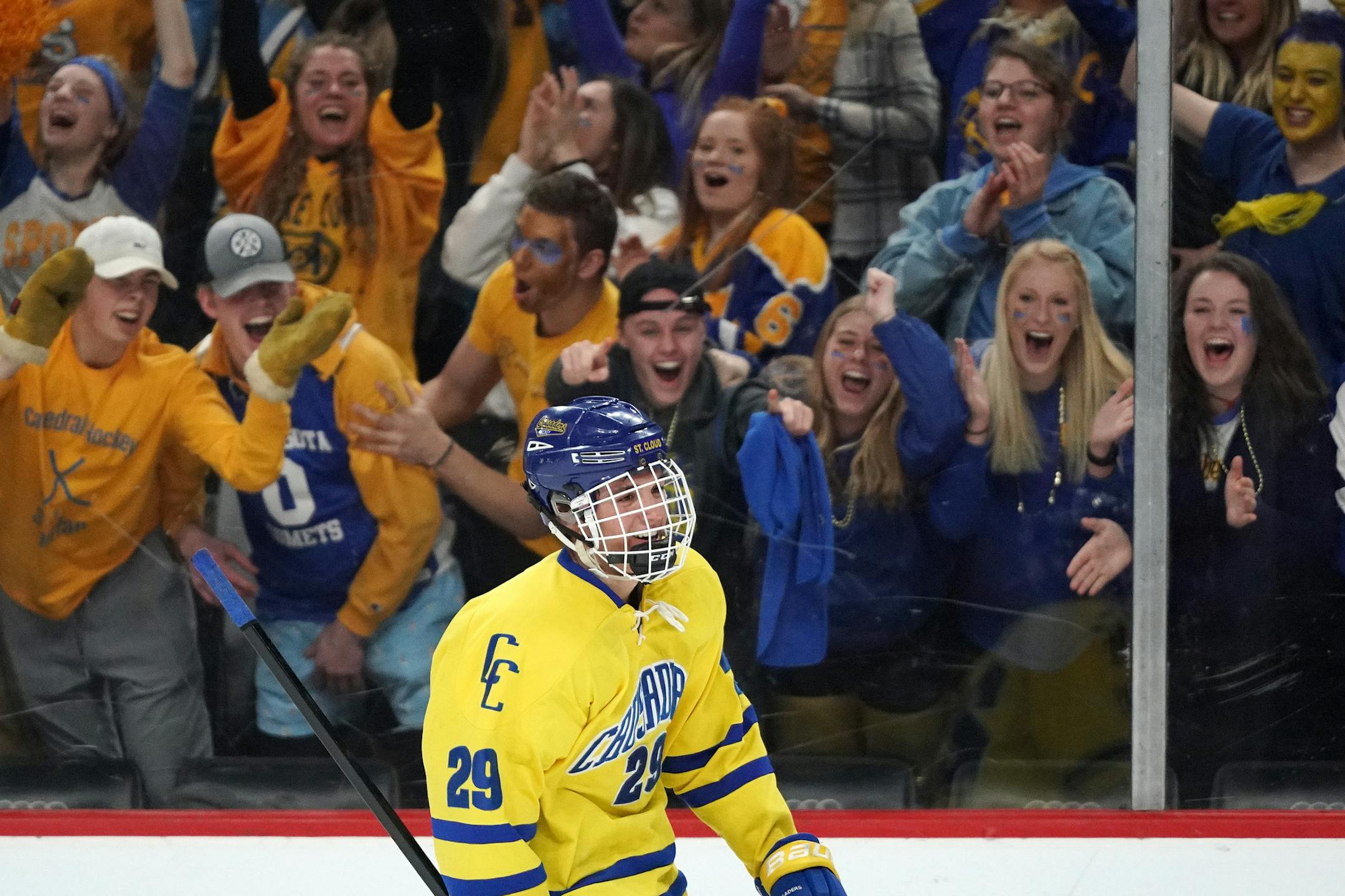 St. Cloud Cathedral forward Jackson Savoie (29) was cheered by the St. Cloud Cathedral student section after scoring in the first period. ] ANTHONY SOUFFLE &#x2022; anthony.souffle@startribune.com St. Cloud Cathedral High School played Greenway High School in a MSHSL Class 1A boys hockey championship game Saturday, March 9, 2019 at the Xcel Energy Center in St. Paul, Minn.