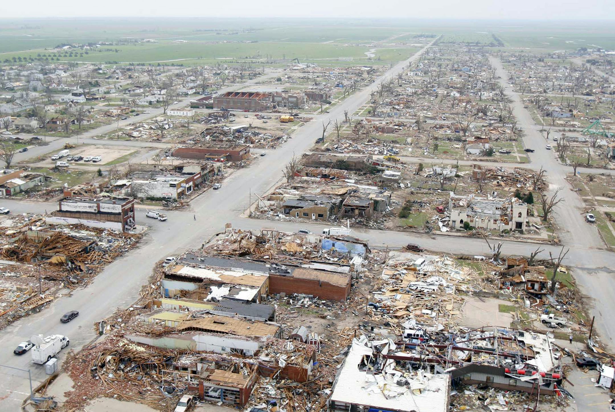 An aerial view shows damage to Greensburg, Kan., after the May 4, 2007 tornado. The EF-5 tornado destroyed much of the town, but the National Weather Service's tornado warning accuracy has only declined (Jaime Green/Wichita Eagle/TNS)