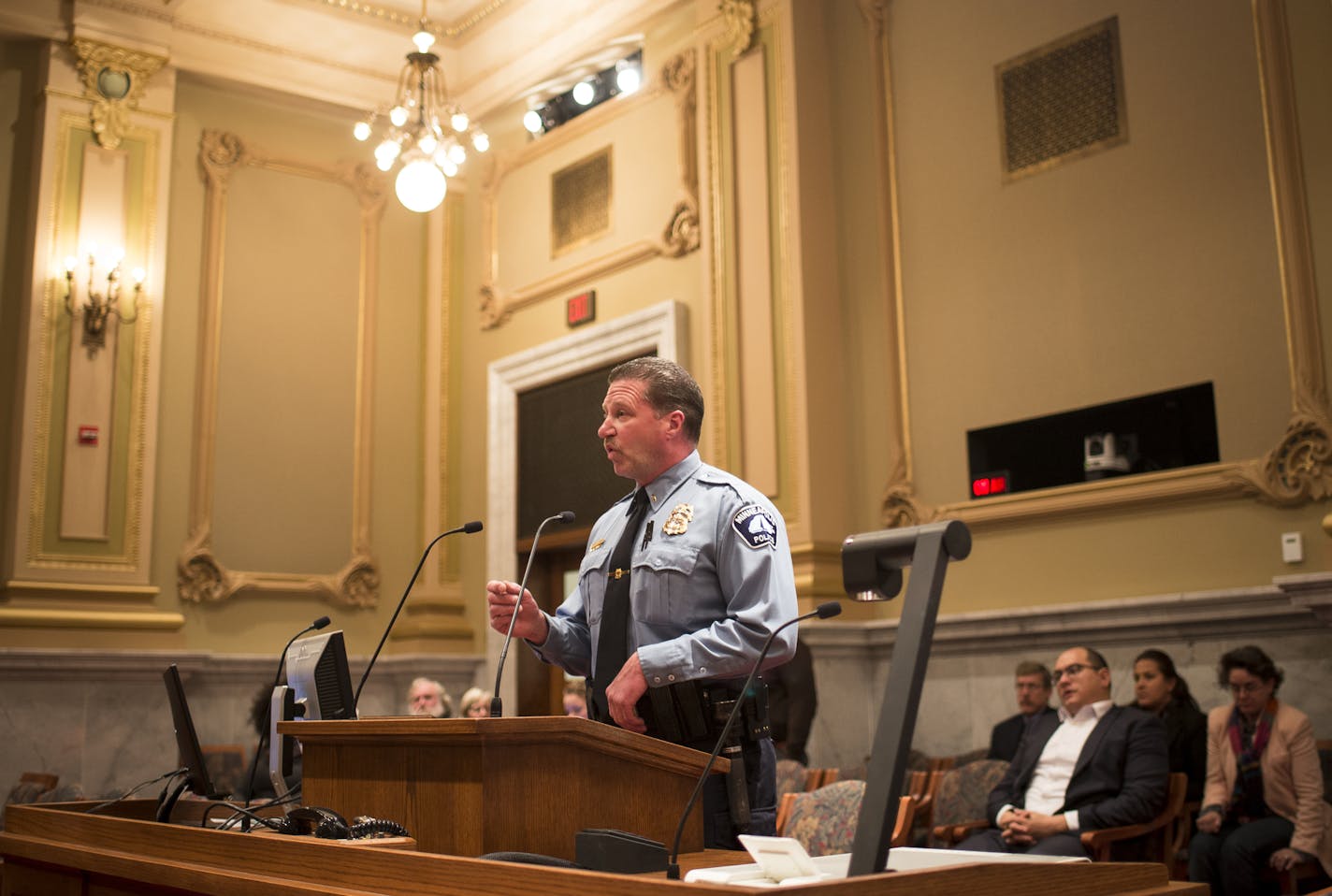 Minneapolis Police Union President Bob Kroll complained about a lack of action by Mayor Betsy Hodges and the Minneapolis City Council regarding the ongoing 4th Precinct Protests during a window for public comment during a city council public safety meeting Tuesday. ] (AARON LAVINSKY/STAR TRIBUNE) aaron.lavinsky@startribune.com The Minneapolis City Council held a public safety meeting on Wednesday, Dec. 2, 2015 at Minneapolis City Hall. The public was able to address the council on issues pertain