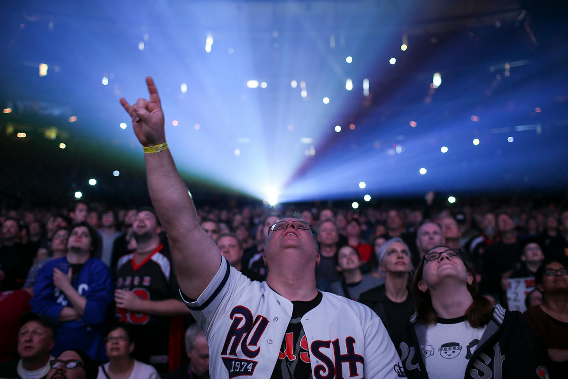 Fans looked up at projections on the curtain moments before Rush began their show Tuesday night. ] JEFF WHEELER ï jeff.wheeler@startribune.com Canadian rock gods Rush performed at Xcel Energy Center in St. Paul, Tuesday night, May 12, 2015.