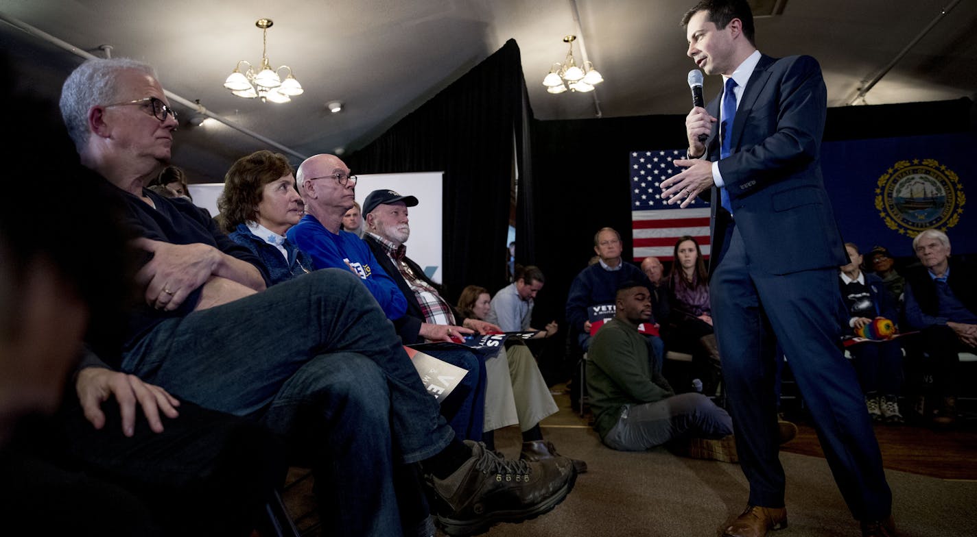 Democratic presidential candidate former South Bend, Ind., Mayor Pete Buttigieg speaks at a campaign stop at the Merrimack American Legion, Thursday, Feb. 6, 2020, in Merrimack, N.H. (AP Photo/Andrew Harnik)