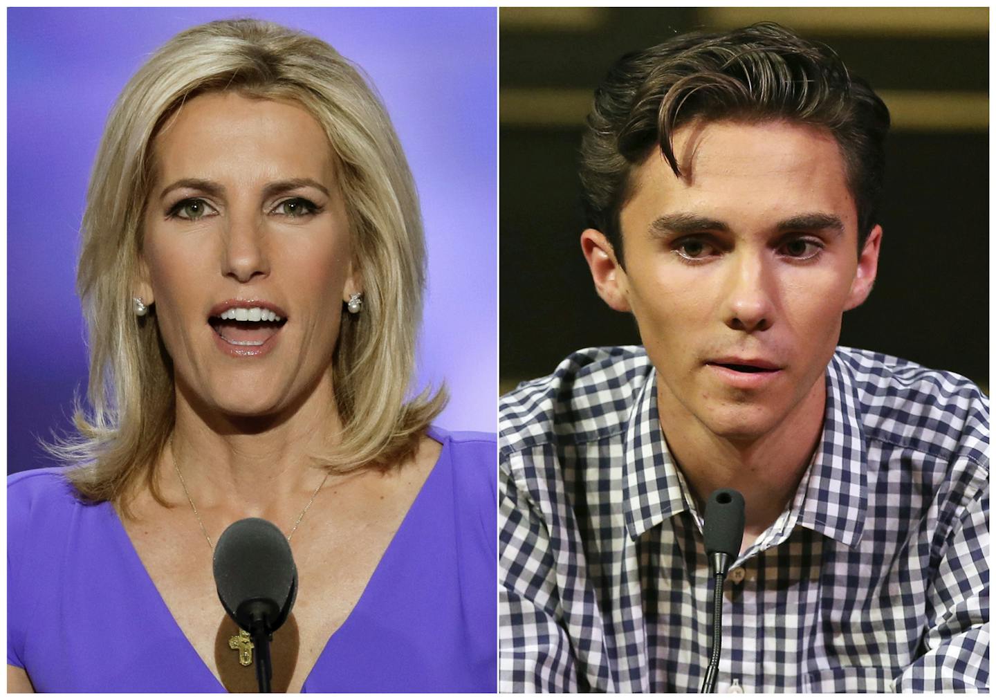 Fox News personality Laura Ingraham has apologized after taunting Parkland shooting survivor David Hogg over his college rejections. (AP Photo/J. Scott Applewhite, left, and Rich Schultz)