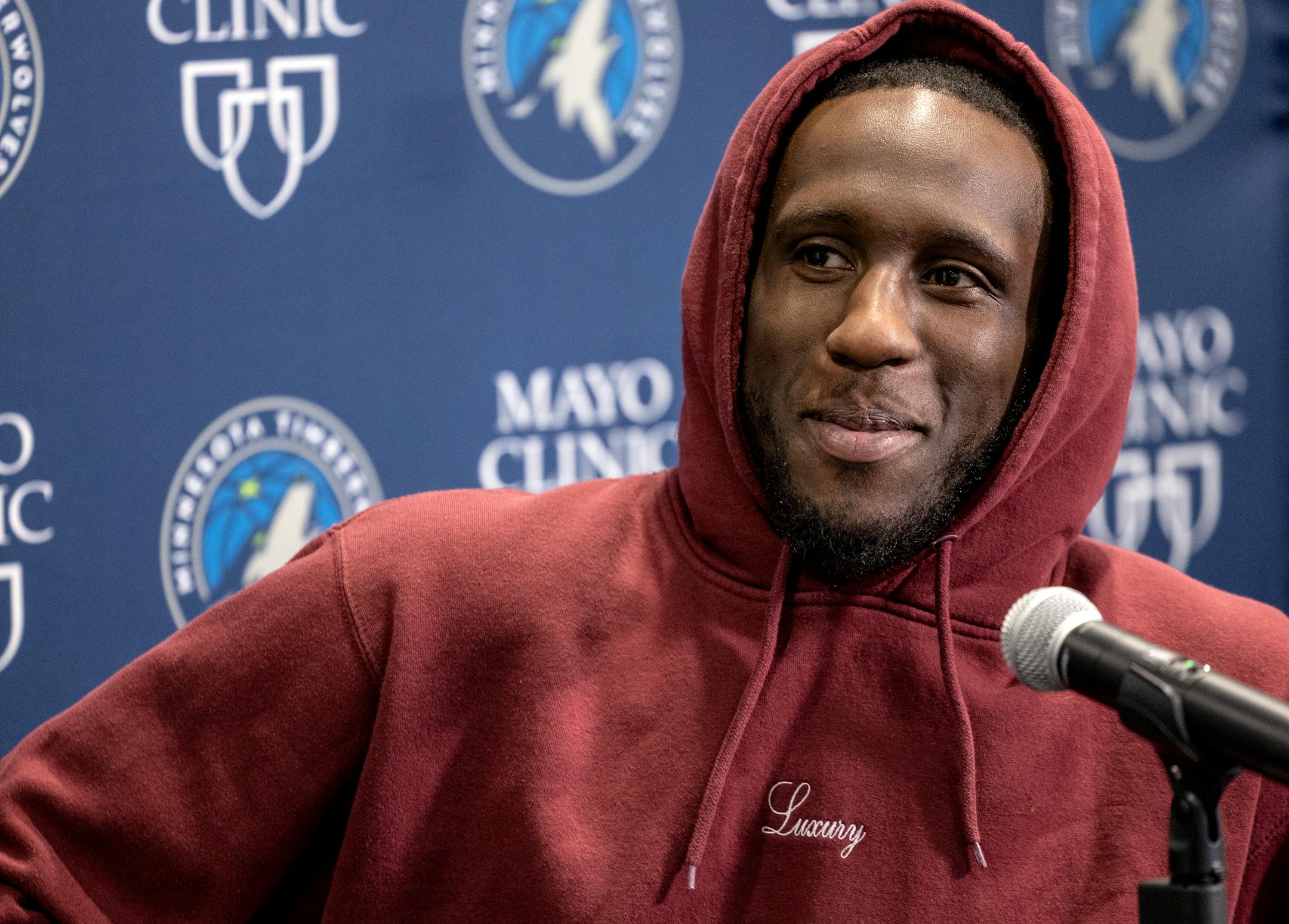 Taurean Prince of the Minnesota Timberwolves talks to the media during an end of season press conference.
