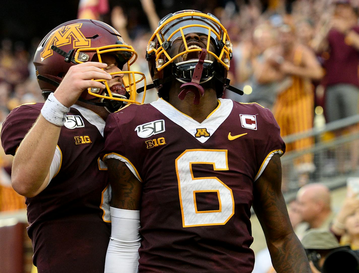 Gophers quarterback Tanner Morgan (2) and wide receiver Tyler Johnson (6) celebrated Johnson's game-winning touchdown with :13 left in the fourth quarter against the Georgia Southern Eagles. ] Aaron Lavinsky • aaron.lavinsky@startribune.com The Gophers played Georgia Southern on Saturday, Sept. 14, 2019 at TCF Bank Stadium in Minneapolis, Minn.