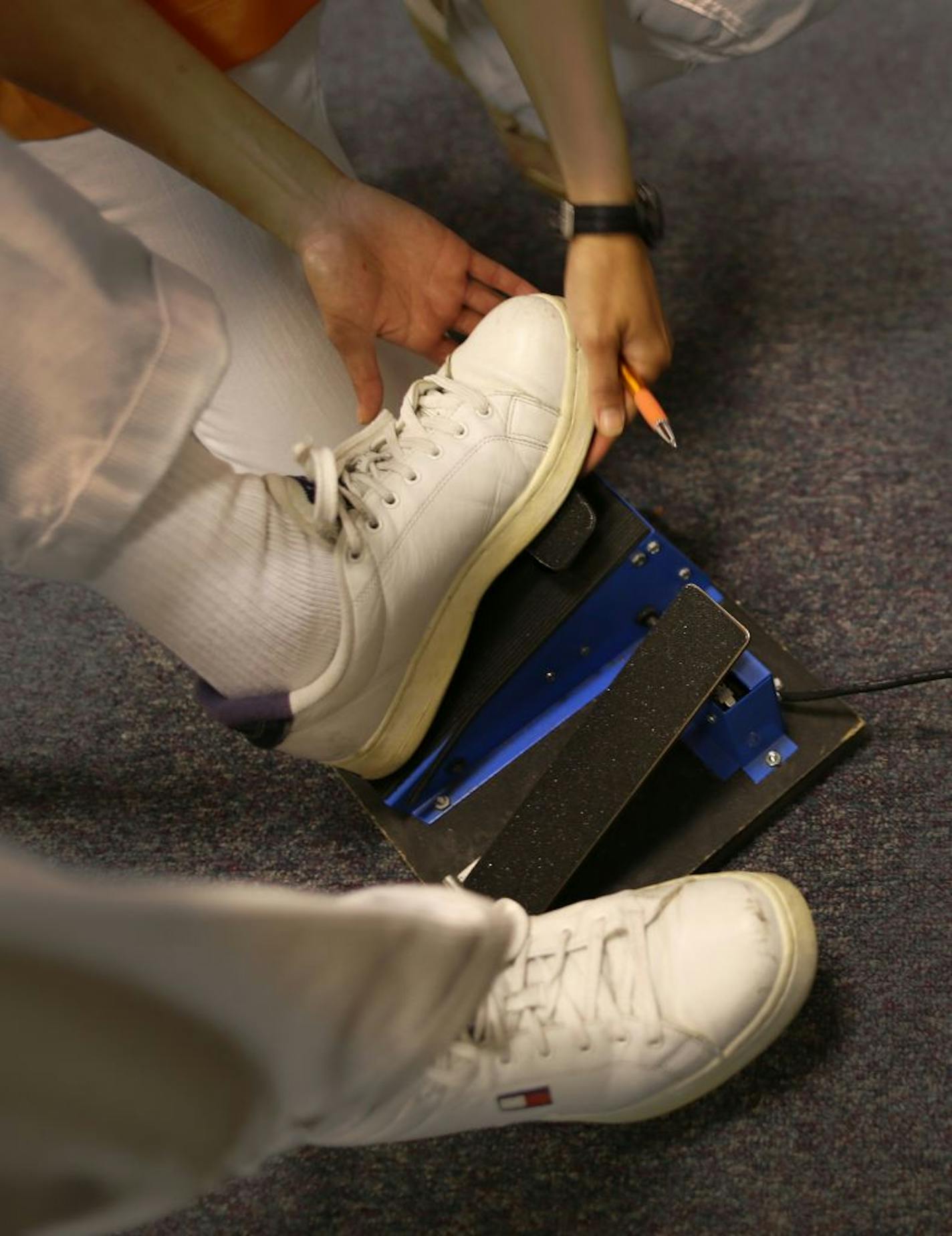 90-year-old Phillip Christenson, who has used two feet to drive his whole life, did a reaction time test where he would go from his foot on the gas to the brake during a driving evaluation at Courage Center on Thursday, June 7, 2012 in Golden Valley, Minn. Courage Center offers tests for seniors on their reaction times and cognitive abilities to help families decided if it is time to limit or stop driving.