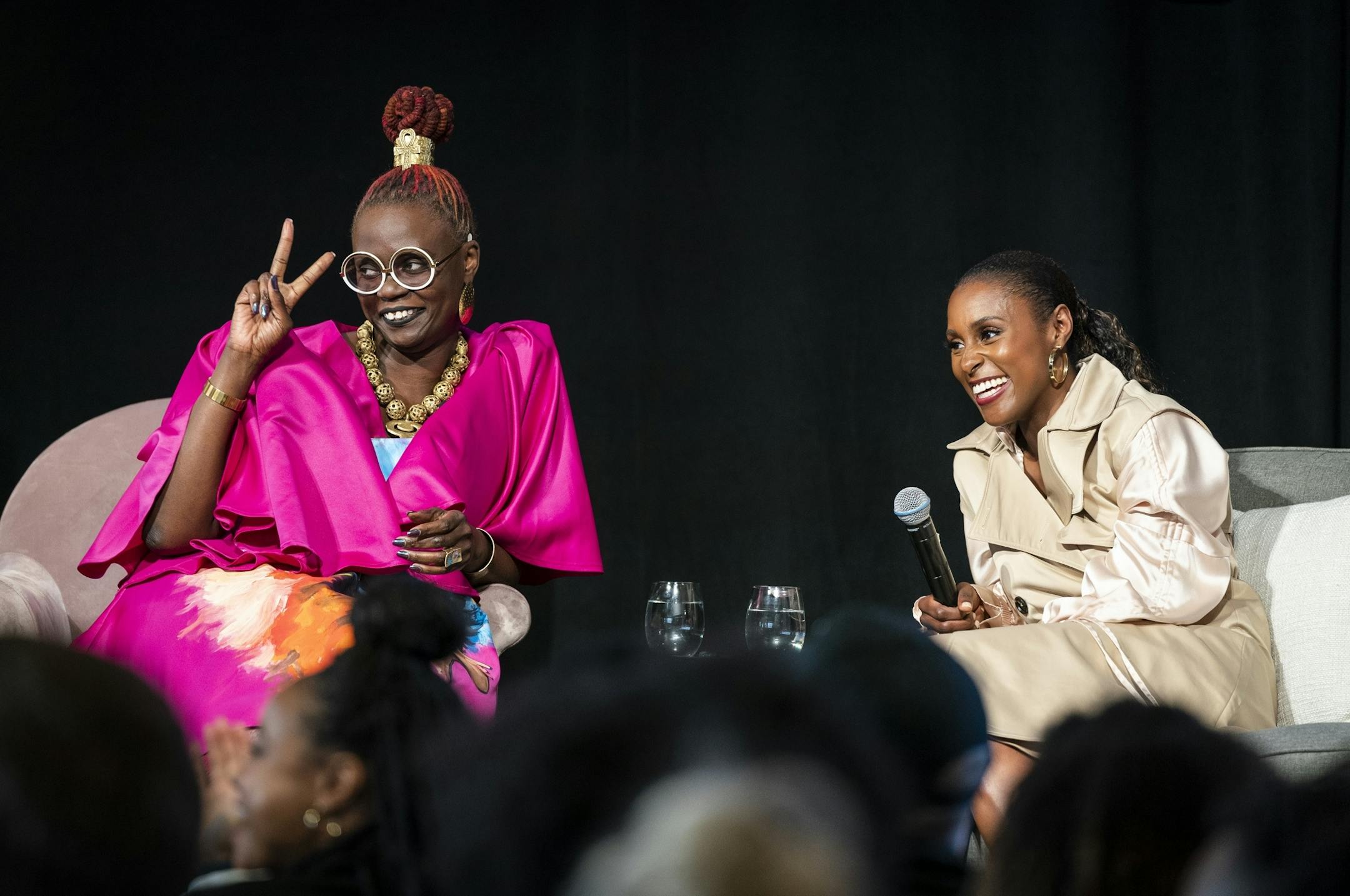 Writer and comedian Issa Rae, right, spoke with Caroline Wanga, Target's chief culture, diversity and inclusion officer, during an event at Target headquarters.