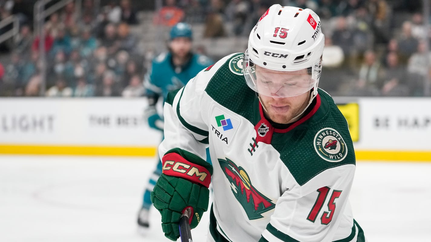 Minnesota Wild center Mason Shaw against the San Jose Sharks during the first period of an NHL hockey game in San Jose, Calif., Thursday, Dec. 22, 2022. (AP Photo/Godofredo A. Vásquez)