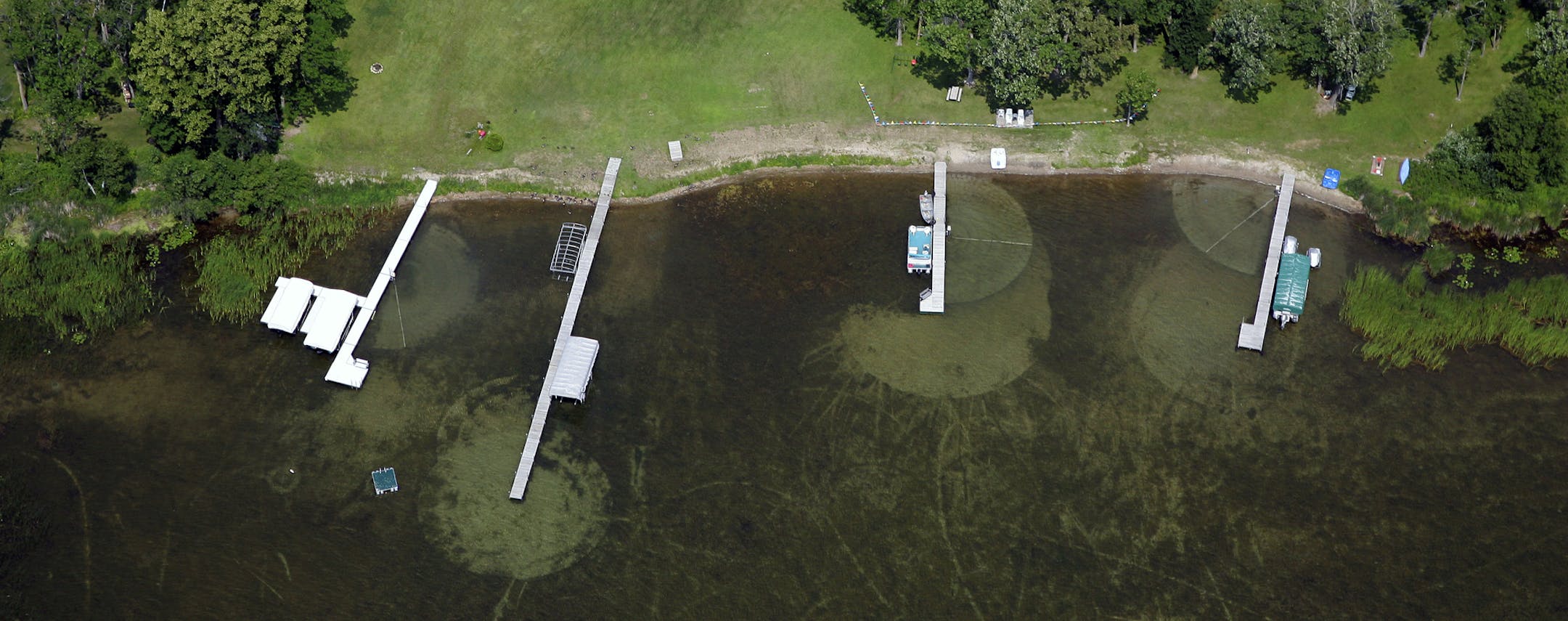 BRIAN PETERSON • brianp@startribune.com Brainerd Lakes Area - 7/6/2006 Excessive weed clearing can also be easily spotted from the air, like this area cleared by weed rollers on North Long Lake near Brainerd. The problem with manicured, mowed and fertilized lawns down to the lake is that it's like putting miracle grow into the lake, now you need something to clear the excessive weeds caused by the additional nutrients.