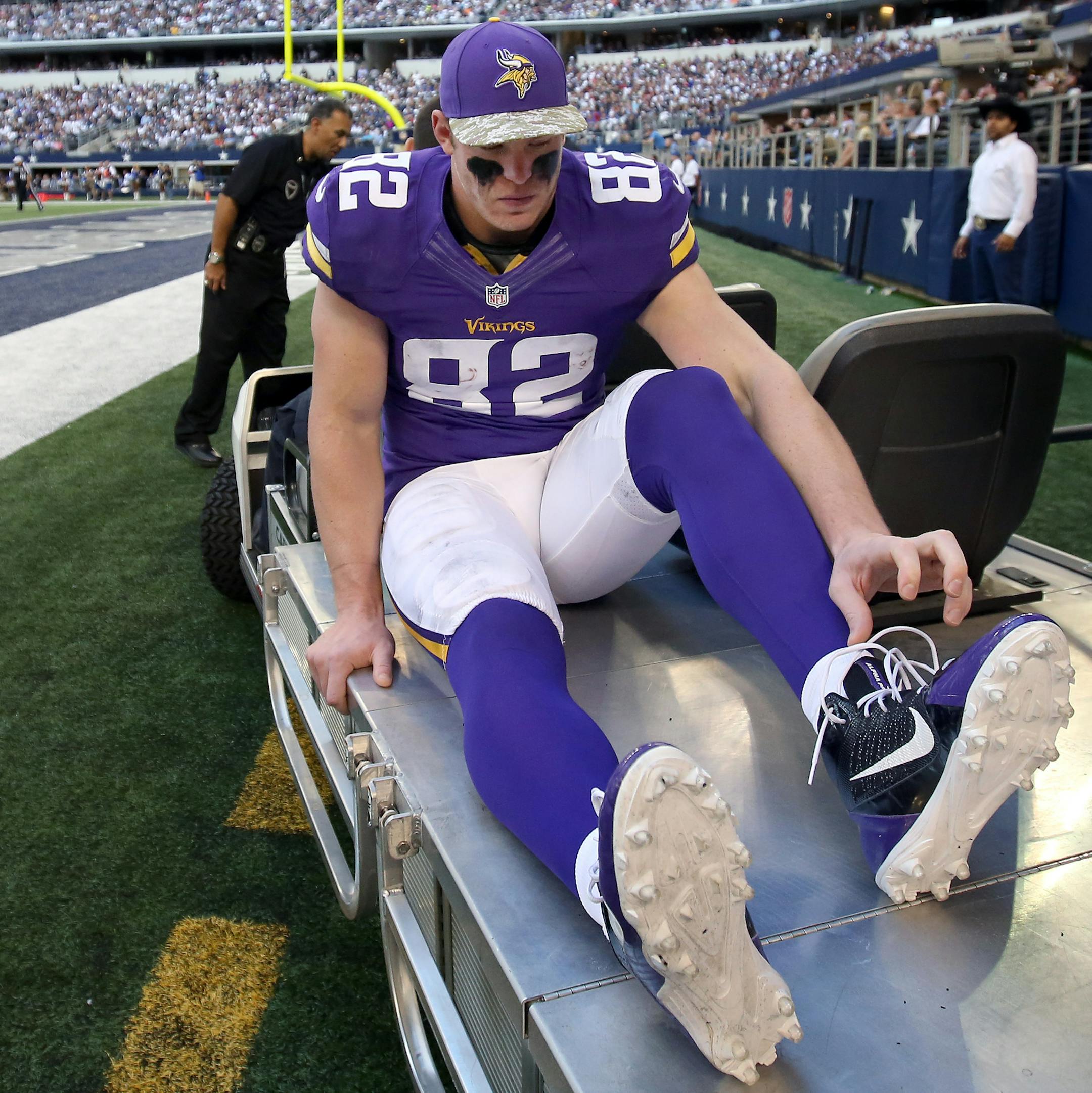 Minnesota Vikings tight end Kyle Rudolph (82) was carted off the field in the fourth quarter. Dallas beat Minnesota by a final score of 27-23. ] CARLOS GONZALEZ cgonzalez@startribune.com November 3, 2013, NFL, Arlington, TX, AT&T Stadium, Minnesota Vikings vs. Dallas Cowboys