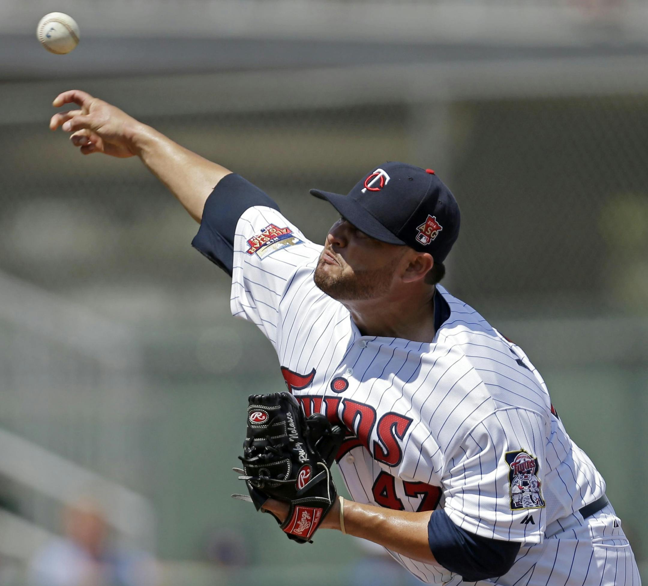 Minnesota Twins starting pitcher Ricky Nolasco (47) pitches in the first inning of a exhibition baseball game against the New York Mets in Fort Myers, Fla., Friday, March 21, 2014. (AP Photo/Gerald Herbert) ORG XMIT: FLGH103