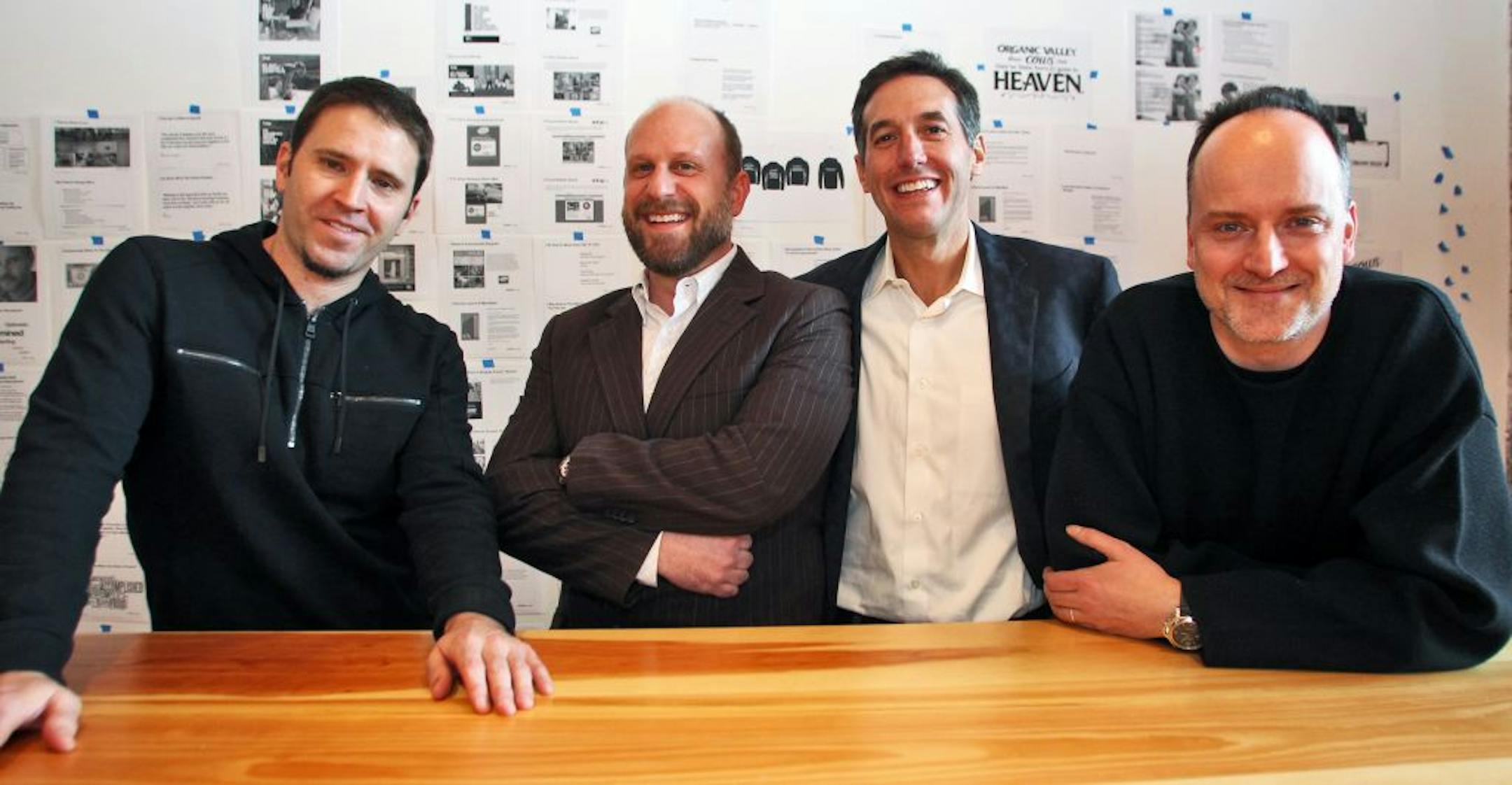 Four executives who formed SOLVE, an independent advertising and branding agency in Minneapolis. Creative Director Eric Sorensen, President Corey Johnson, CEO John Colasanti and Creative Director Hans Hansen, left to right.(MARLIN LEVISON/STARTRIBUNE(mlevison@startribune.com