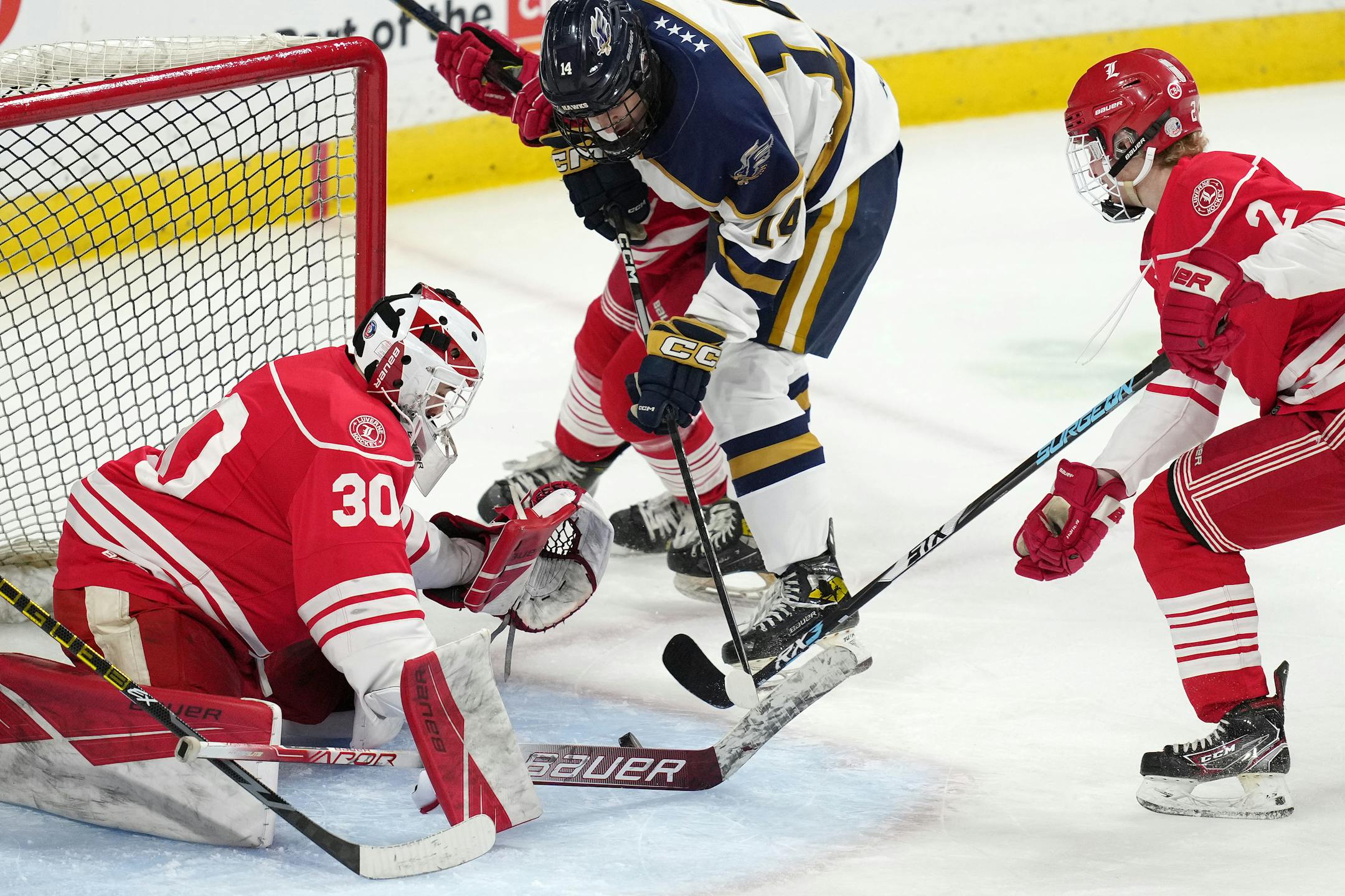 Hermantown forward Aaron Evjen (14) scores on Luverne goaltender Tyler Arends (30) in the first period of a MSHSL Class 1A quarterfinal hockey game between Luverne and Hermantown.