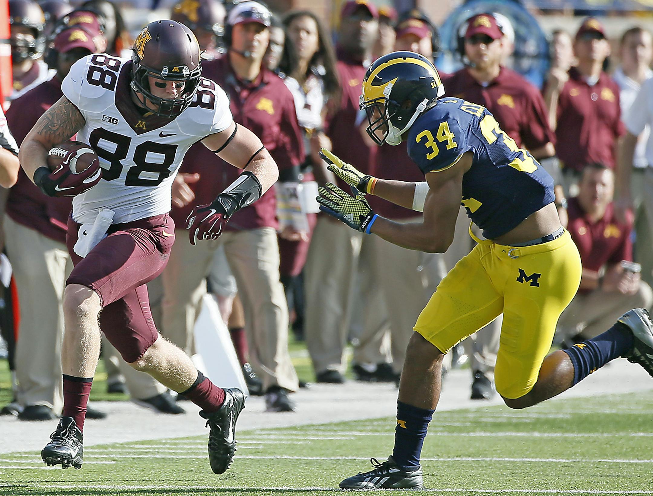Minnesota tight end Maxx Williams (88) caught a first down pass despite pressure from Michigan defensive back Jeremy Clark (34) in the second quarter as the Minnesota Gophers too on Michigan at Michigan Stadium, Saturday, September 27, 2014 in Ann Arbor, MI. ] (ELIZABETH FLORES/STAR TRIBUNE) ELIZABETH FLORES &#x2022; eflores@startribune.com