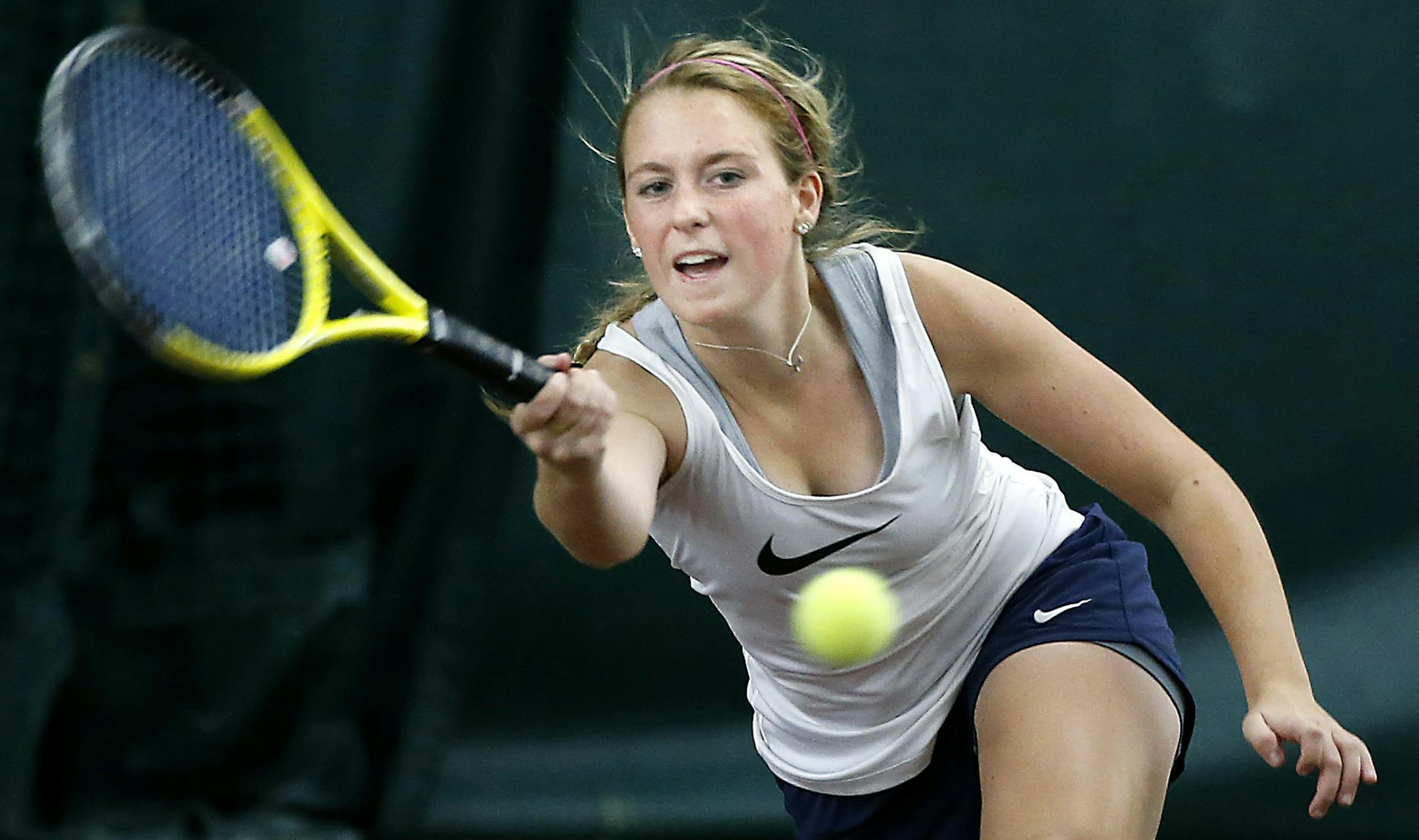Mahtomedi's Hanna Shands made a forehand return to Rochester Mayo's doubles team during the Class 2A team preliminaries at Baseline Tennis Center at U of M, Tuesday, October 21, 2014 in Minneapolis, MN. Mahtomedi defeated Rochester Mayo. ] (ELIZABETH FLORES/STAR TRIBUNE) ELIZABETH FLORES • eflores@startribune.com