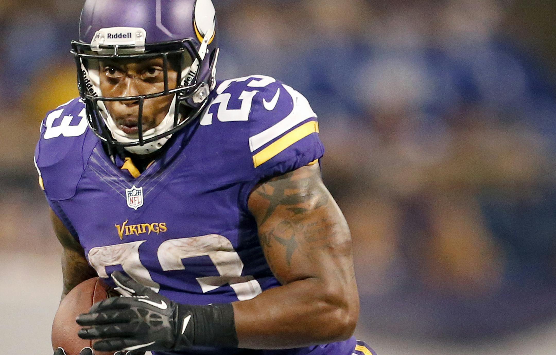 Vikings running back Joe Banyard (23) during a run in the fourth quarter. ] CARLOS GONZALEZ cgonzalez@startribune.com August 29, 2013, Minneapolis, Minn., NFL, Mall of America Field The Metrodome, Minnesota Vikings vs. Tennessee Titans