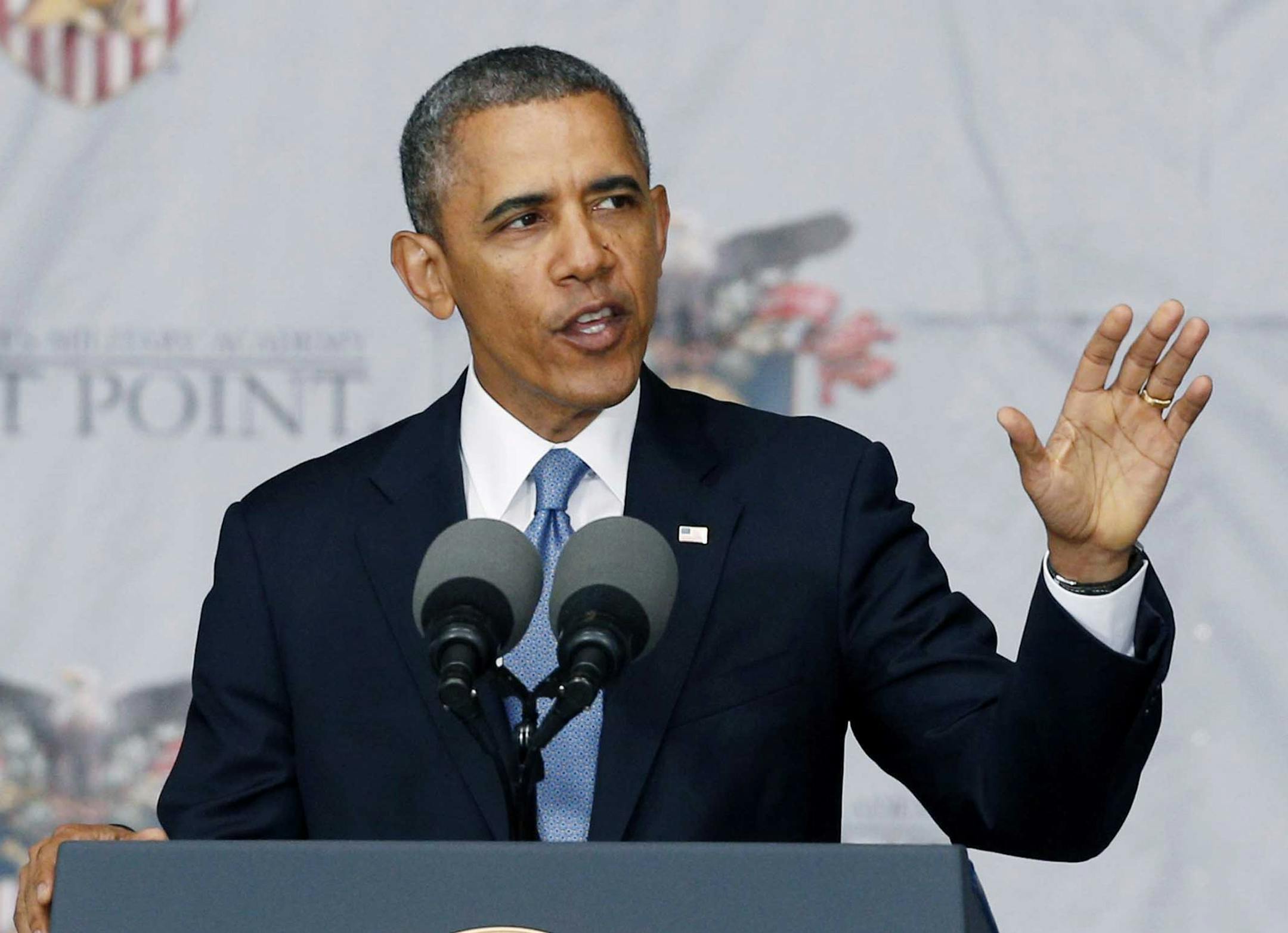 President Barack Obama delivers the commencement address during a graduation and commissioning ceremony at the U.S. Military Academy on Wednesday, May 28, 2014, in West Point, N.Y. In a broad defense of his foreign policy, the president declared that the U.S. remains the world's most indispensable nation, even after a "long season of war," but argued for restraint before embarking on more military adventures. (AP Photo/Mike Groll) ORG XMIT: MIN2014052911581263