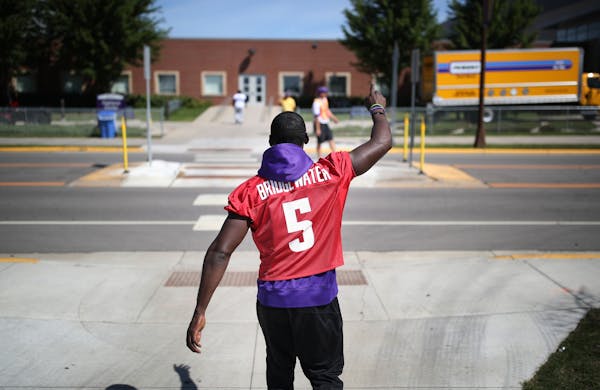 Minnesota Vikings cornerback Xavier Rhodes (29) who wore a Teddy Bridgewater jersey, walked to the locker room after the morning walk though at Minnes
