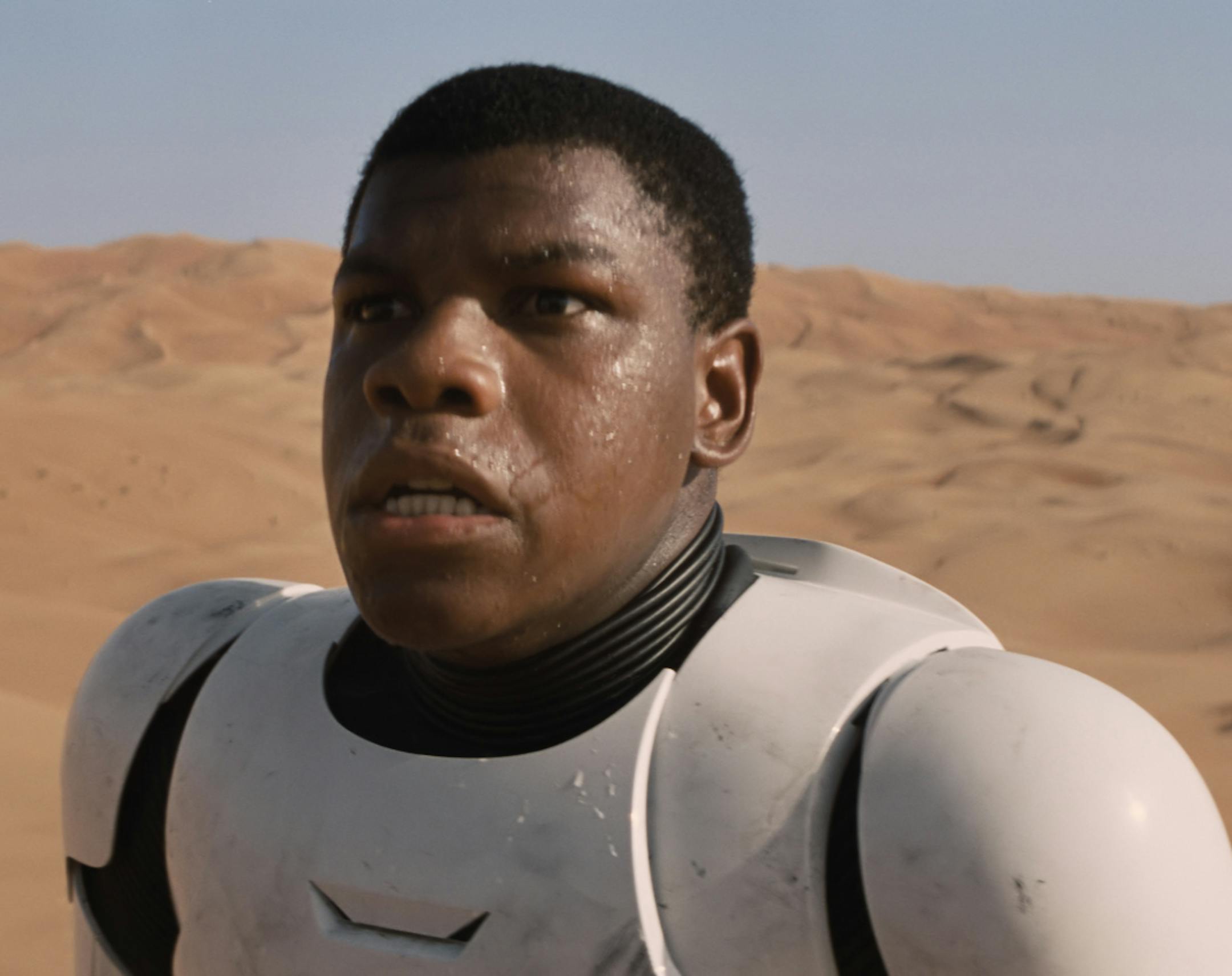 John Boyega in an image released by Disney, a scene is shown from the upcoming film, "Star Wars: The Force Awakens," expected in theaters on Dec. 18, 2015. (AP Photo/LucasFilm, Disney)
