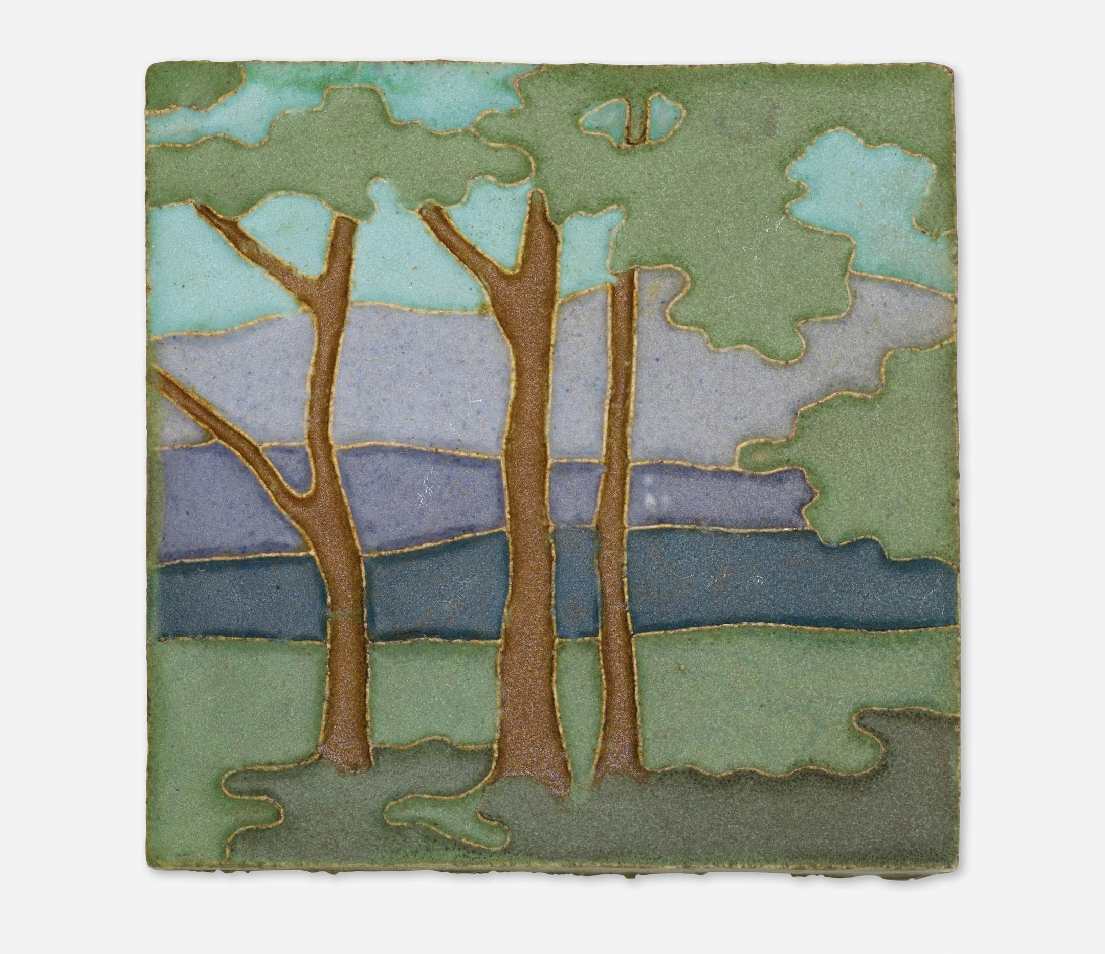Van Briggle pottery is known for its abstract nature themes and the colors of its matte glazes. This tile provides a showcase for both. Cowles Syndicate