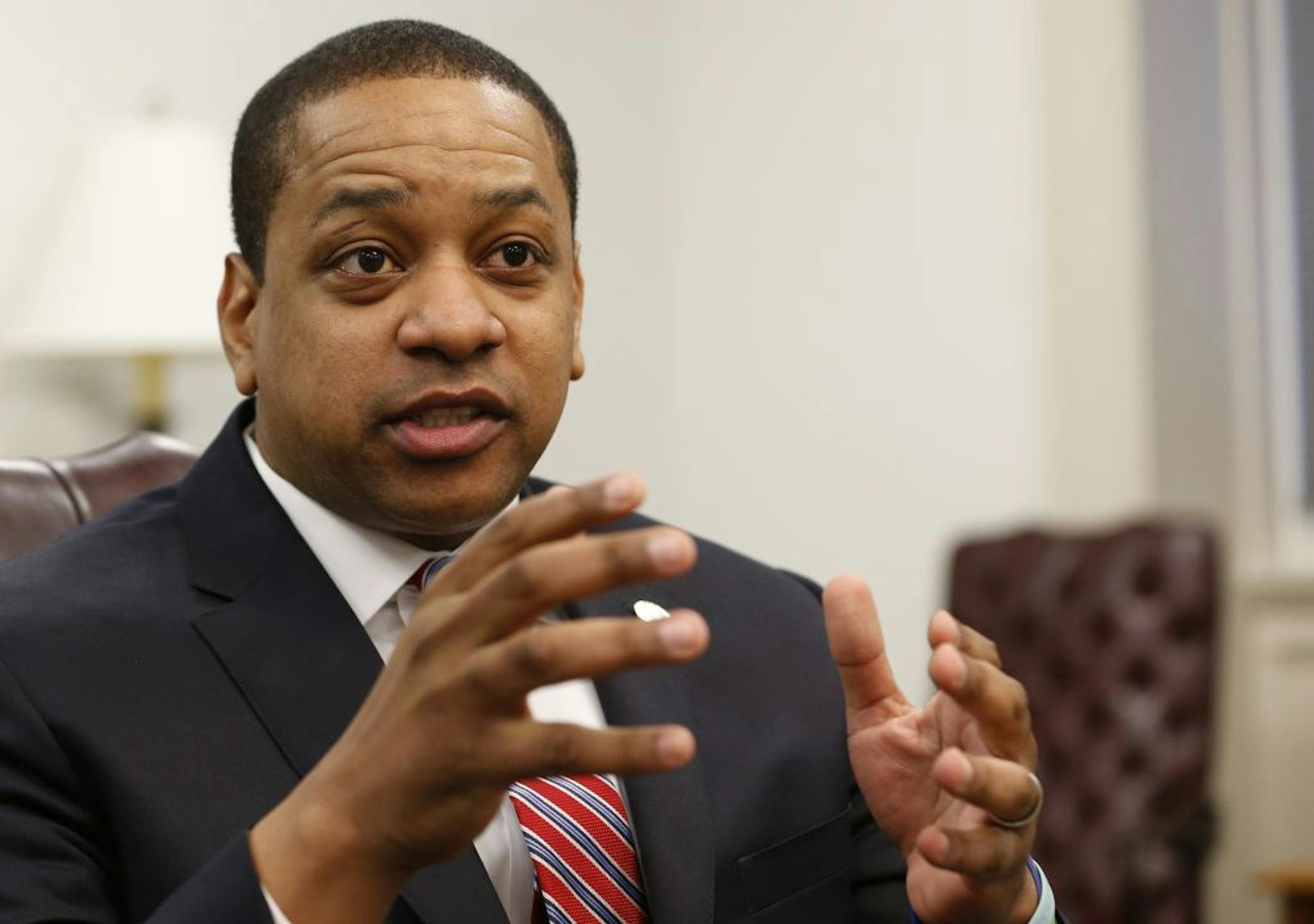 Virginia Lt. Gov. Justin Fairfax speaks during an interview in his office at the Capitol in Richmond, Va., on Saturday, Feb. 2, 2019. Fairfax answered questions about the controversial photo in Gov. Ralph Northam's yearbook page.