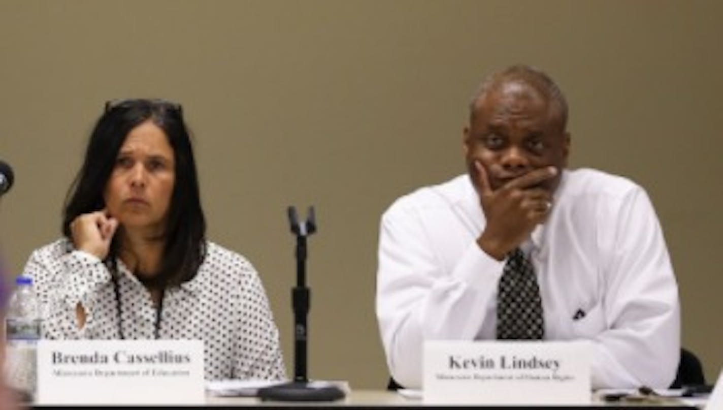 Brenda Cassellius, Minnesota Commissioner of Education and Kevin Lindsey, Minnesota Commissioner of Human Rights listened to comments at an event in December.