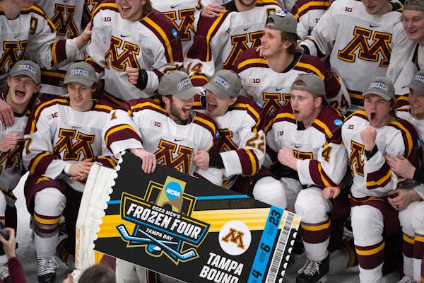 The Gophers celebrated advancing to the Frozen Four and beating St. Cloud State for the title in the Fargo regional.