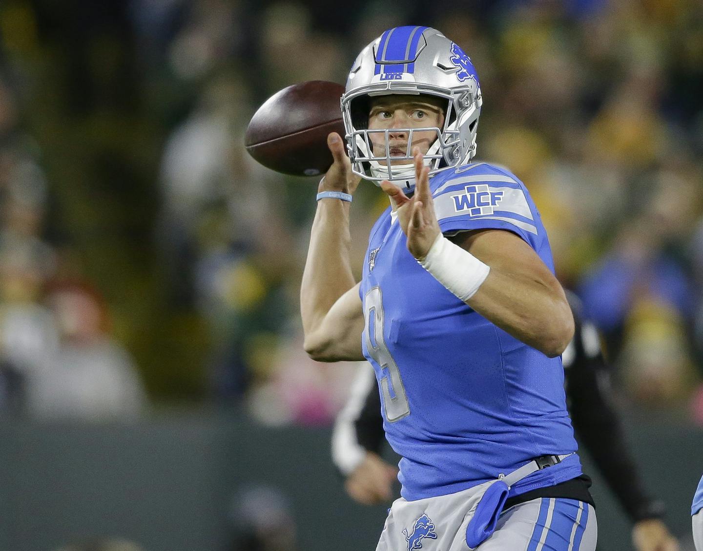 Detroit Lions quarterback Matthew Stafford looks to pass during the second half of an NFL football game against the Green Bay Packers Monday, Oct. 14, 2019, in Green Bay, Wis. (AP Photo/Jeffrey Phelps)