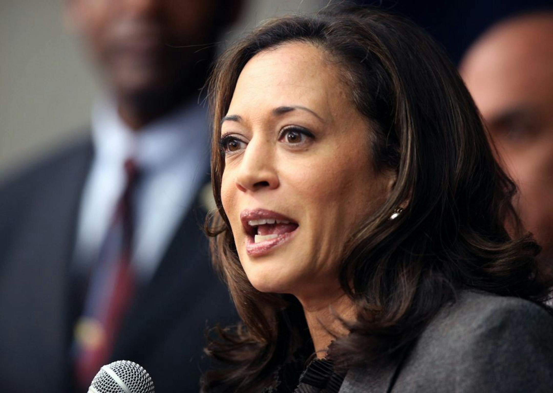 FILE - This Nov. 16,2012 file photo shows California Attorney General Kamala Harris speaking during a news conference in Los Angeles. President Barack Obama praised Harris for more than her smarts and toughness at a Democratic Party event Thursday, April 4, 2013. The president also commended Harris for being "the best-looking attorney general" during a Democratic fundraising lunch in the Silicon Valley.
