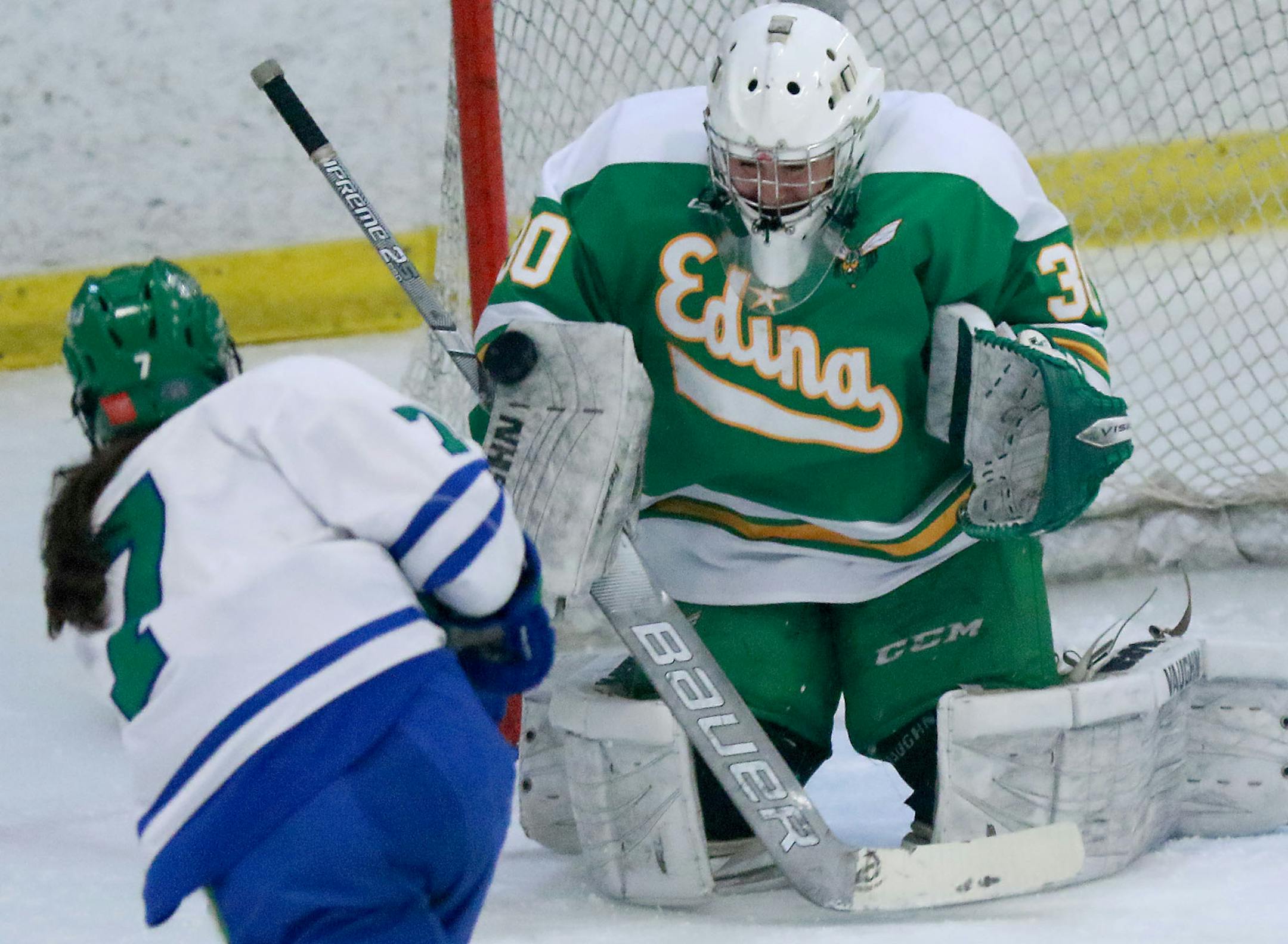 Blake's Lily Delianedis (7) shoots on Edina goalie Elli Strittmater (30) during the first period of the Girls' hockey, Class 2A, Section 6 final Friday, Feb. 15, 2019, at Parade Ice Garden in Minneapolis, MN.] DAVID JOLES •david.joles@startribune.com Girls' hockey, Class 2A, Section 6 final