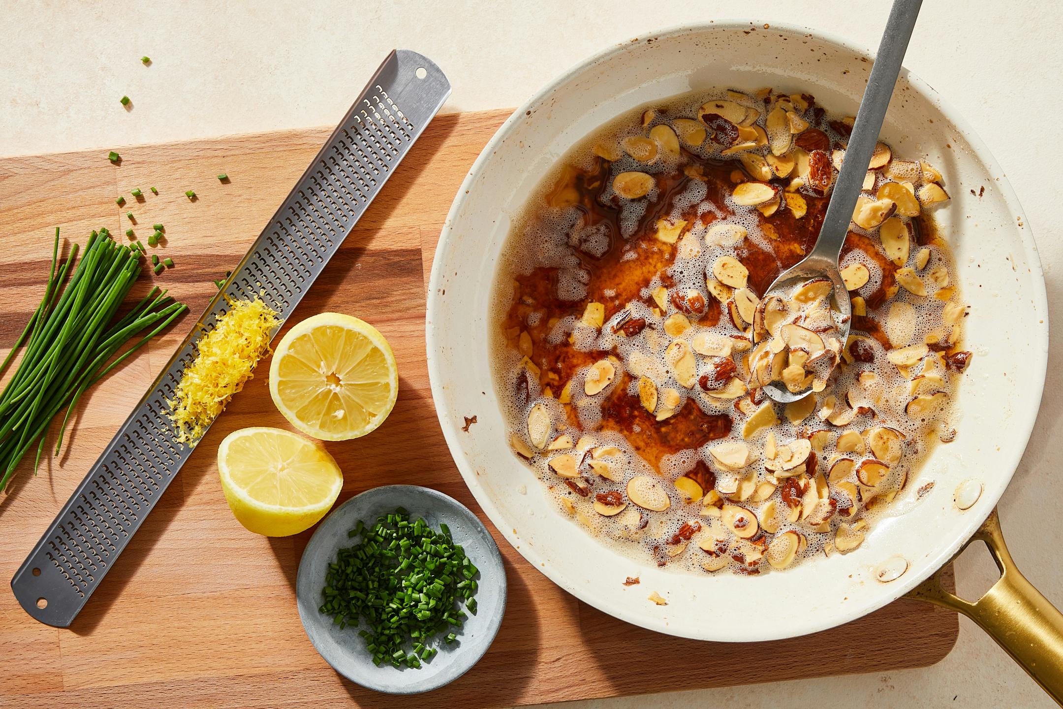 The almondine, which can be made by tossing a handful of sliced almonds into the butter to toast just before the lemon juice, in New York, Feb. 16, 2023. Any fish works, particularly lean flaky fillets, for fish almondine, which is weeknight easy and Julia Child fancy. (Julia Gartland/The New York Times)